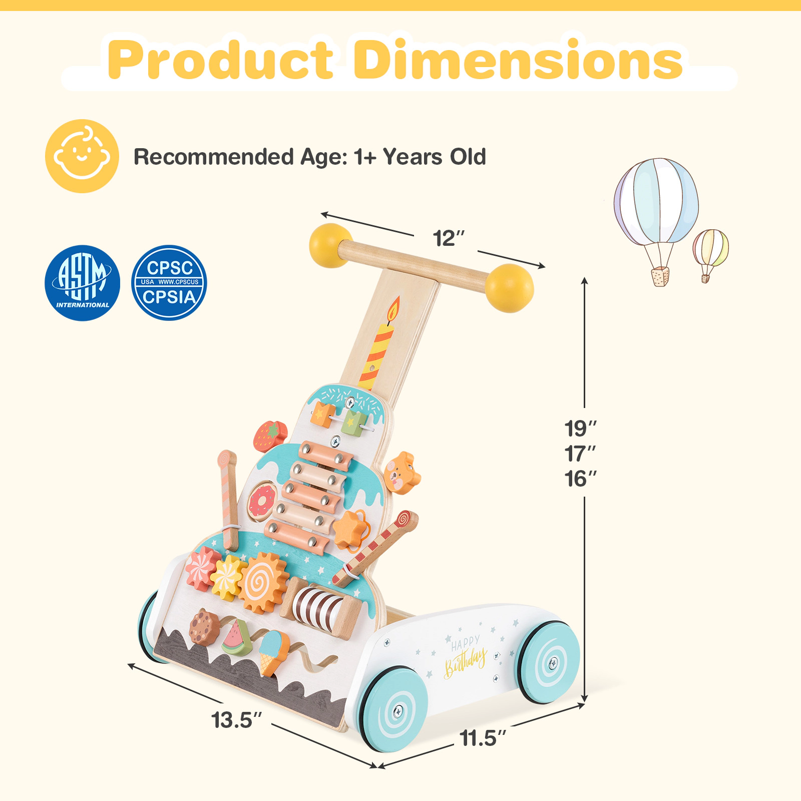 SUGIFT White 3 Adjustable Handle Heights and Smooth Rubber Wheels Wooden Baby Walker