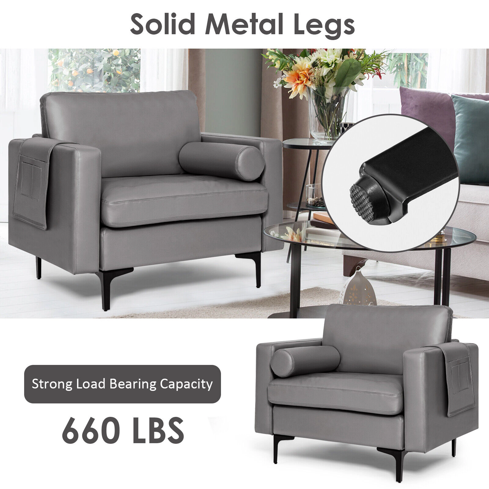 SUGIFT 660-lb Capacity 29.5-in Seat Oversized Accent Chair with Bolster Armrest Caddy and Storage Pocket