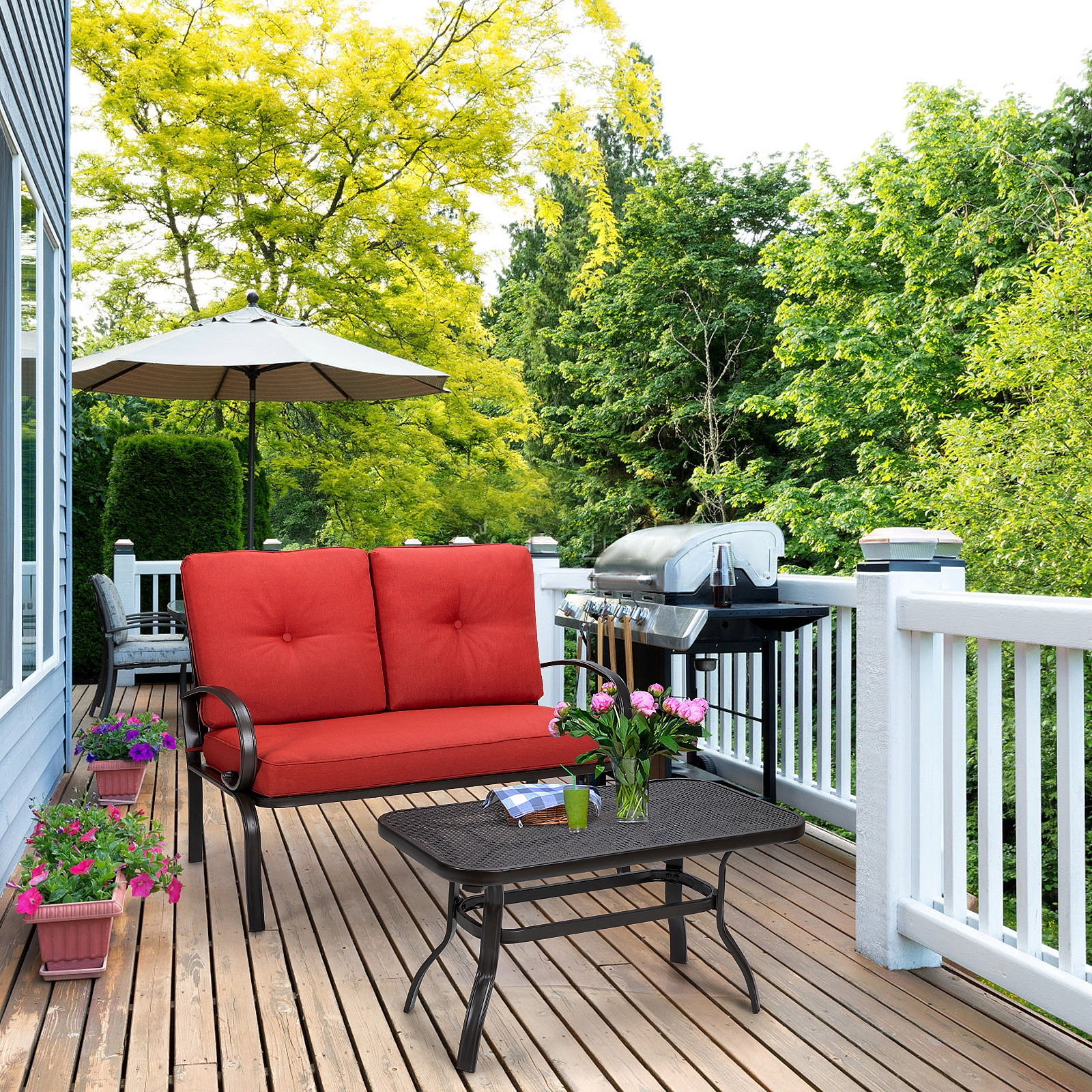 SUGIFT 2 Piece Patio Cushioned Loveseat and Coffee Table Set Red with Steel Frame