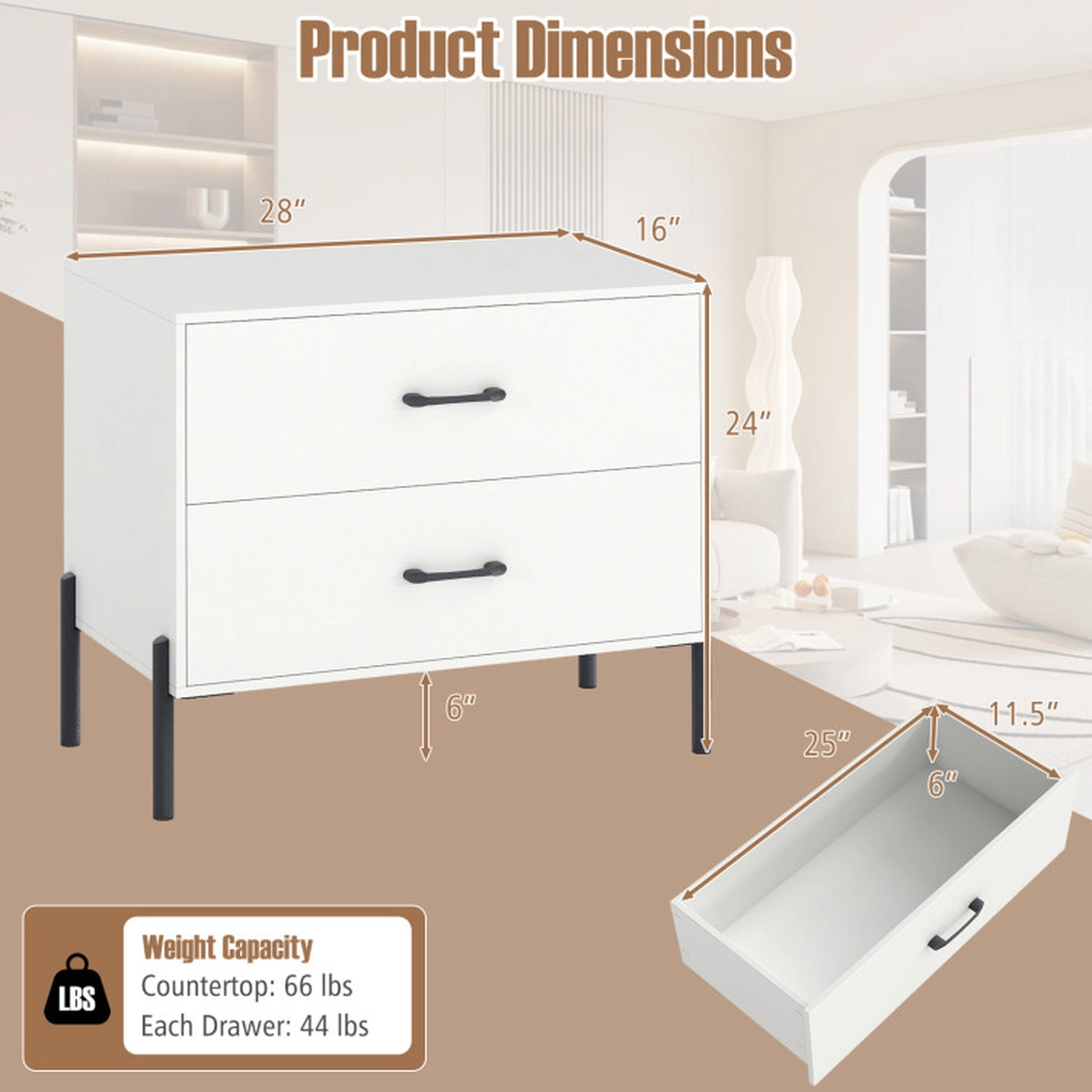 SUGIFT Modern Wooden 2-Drawer Nightstand with Metal Legs & Handles 66-lb Countertop Capacity 44-lb Drawer Capacity White