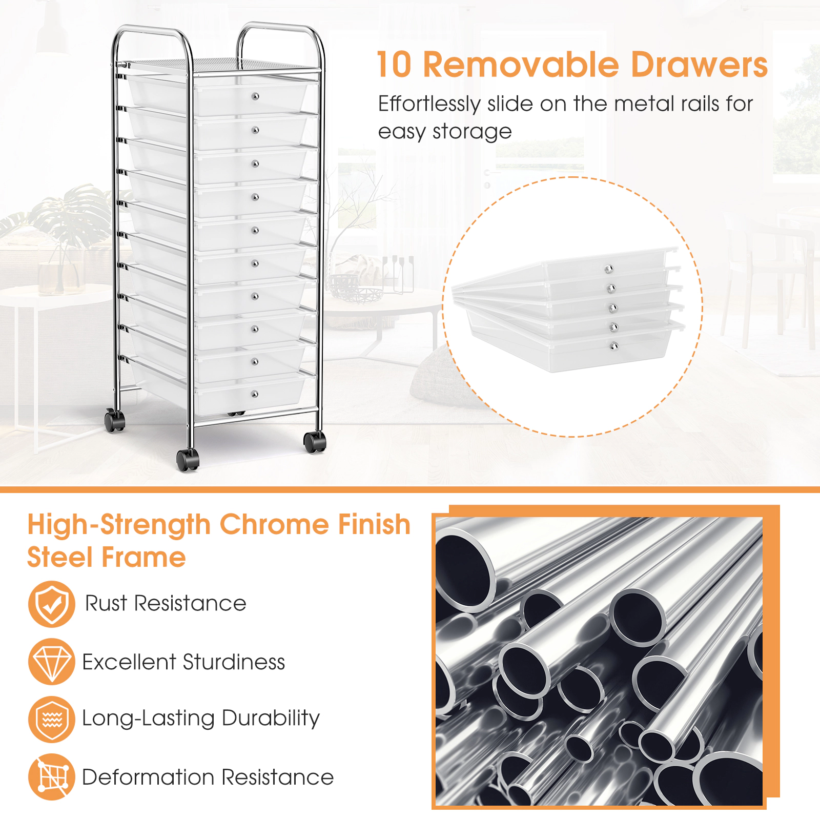 SUGIFT 10-Drawer Rolling Storage Cart Organizer with 3-lb Drawer Capacity Clear