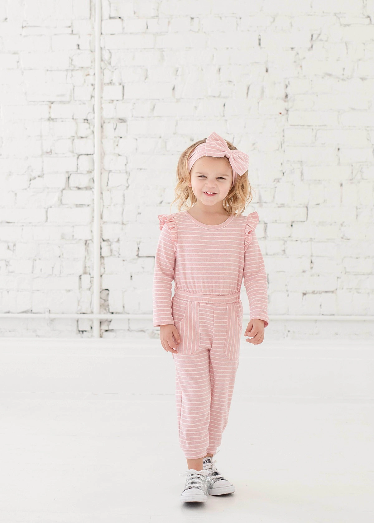 Mabel and Honey Jada Knit Romper - Long Sleeve Ruffle Shoulder Striped Jumpsuit