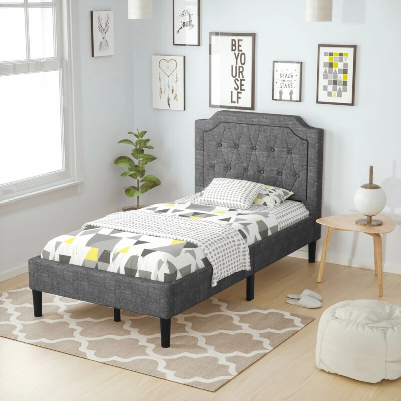 SUGIFT Gray Tufted Headboard and Wood Slats Twin Size Linen Upholstered Platform Bed