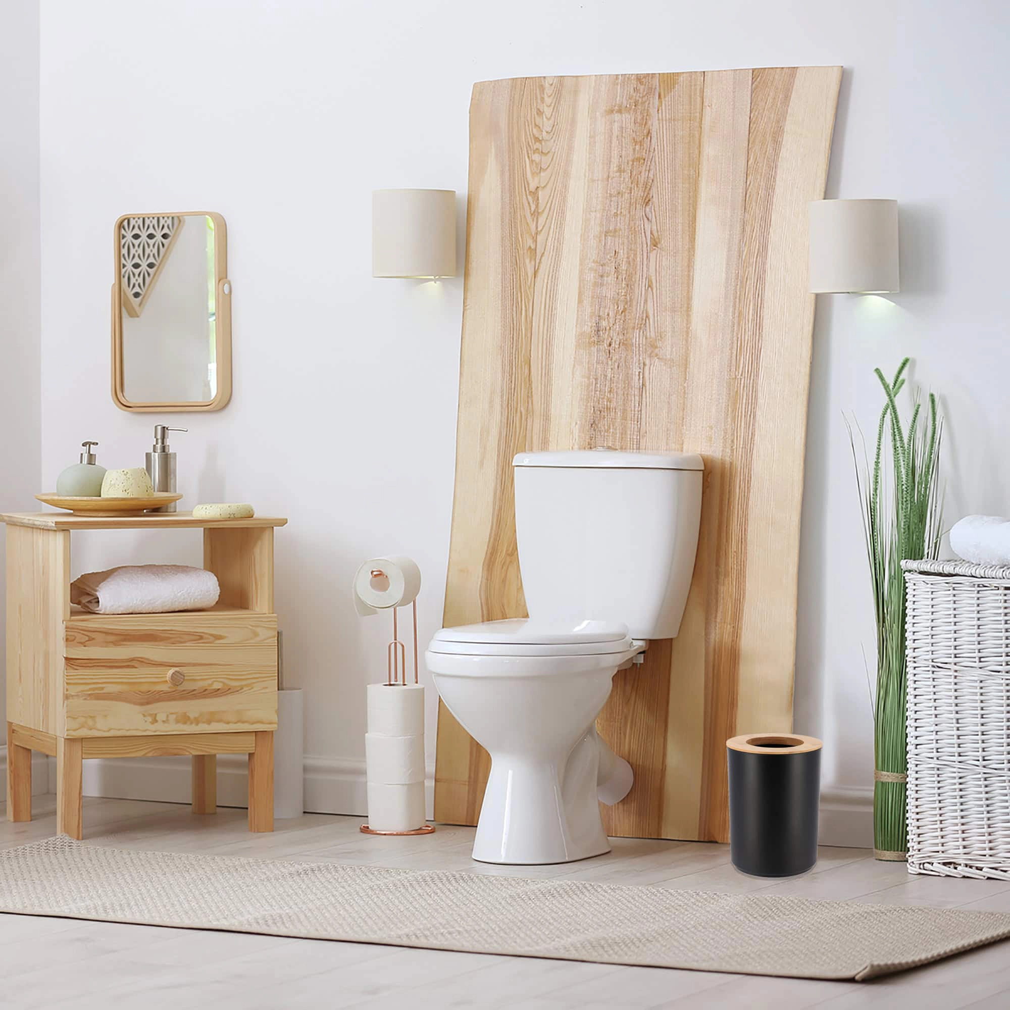 Evideco French Home Goods 5L Matte Polystyrene Trash Can with Bamboo Lid - Compact Bathroom Bin