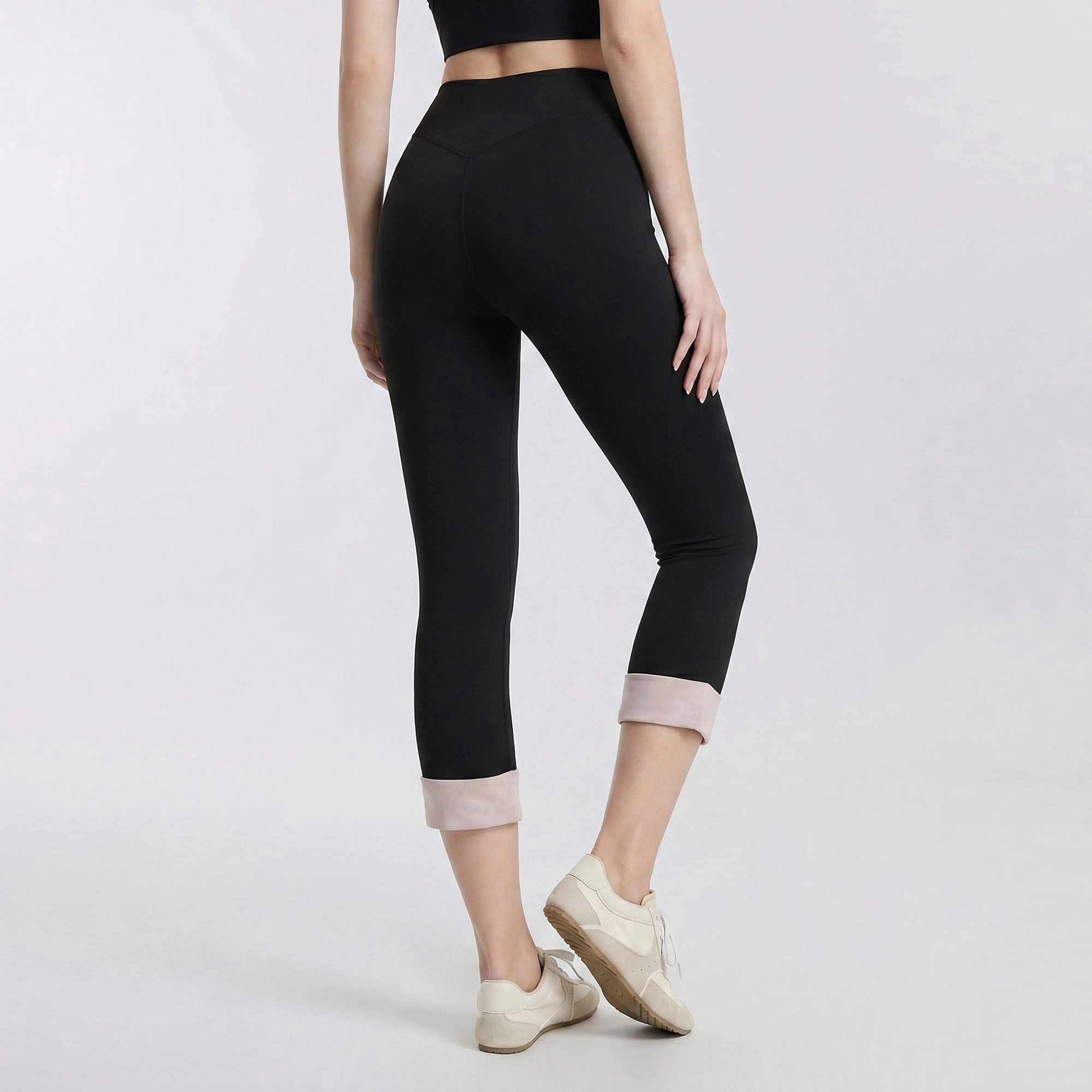 Anna-Kaci Women's High-Waist Capri Leggings with Folded Cuff Hem Wide Waistband Smooth Stretch Yoga Pants