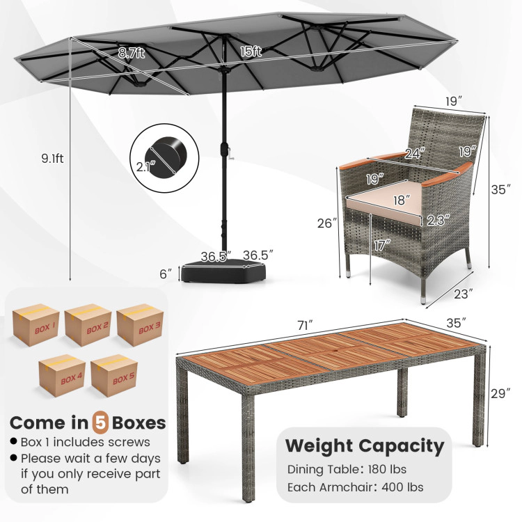 Hivvago 10 Pieces Patio Wicker Dining Set With 15 Feet Double-Sided Umbrella
