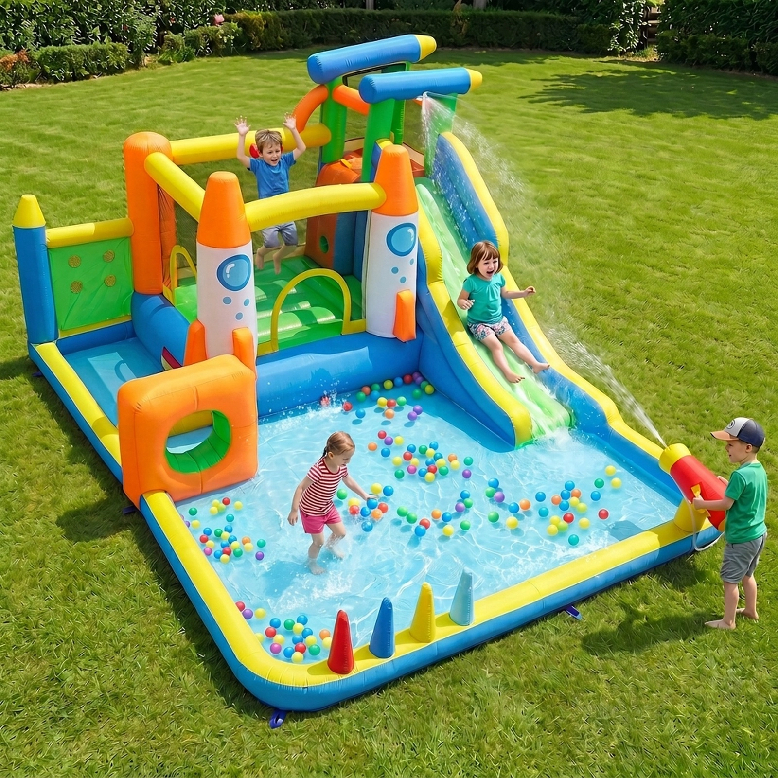 10-in-1 Inflatable Bounce House with Water Slide Splash Pool Climbing Wall Ball Pit Tunnel and 680W Blower