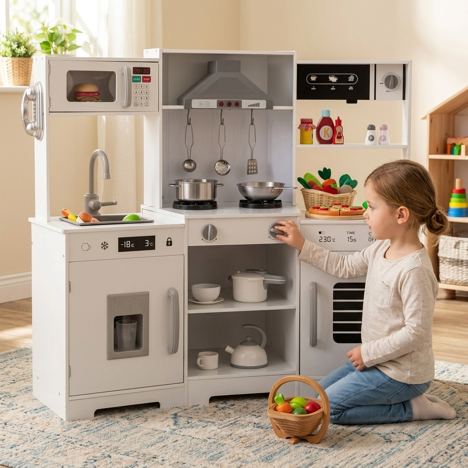 Pretend Play Kitchen Wooden Toy Set LED Range Hood Refrigerator Coffee Maker 17-in Counter 44-in x 17-in x 36.5-in White