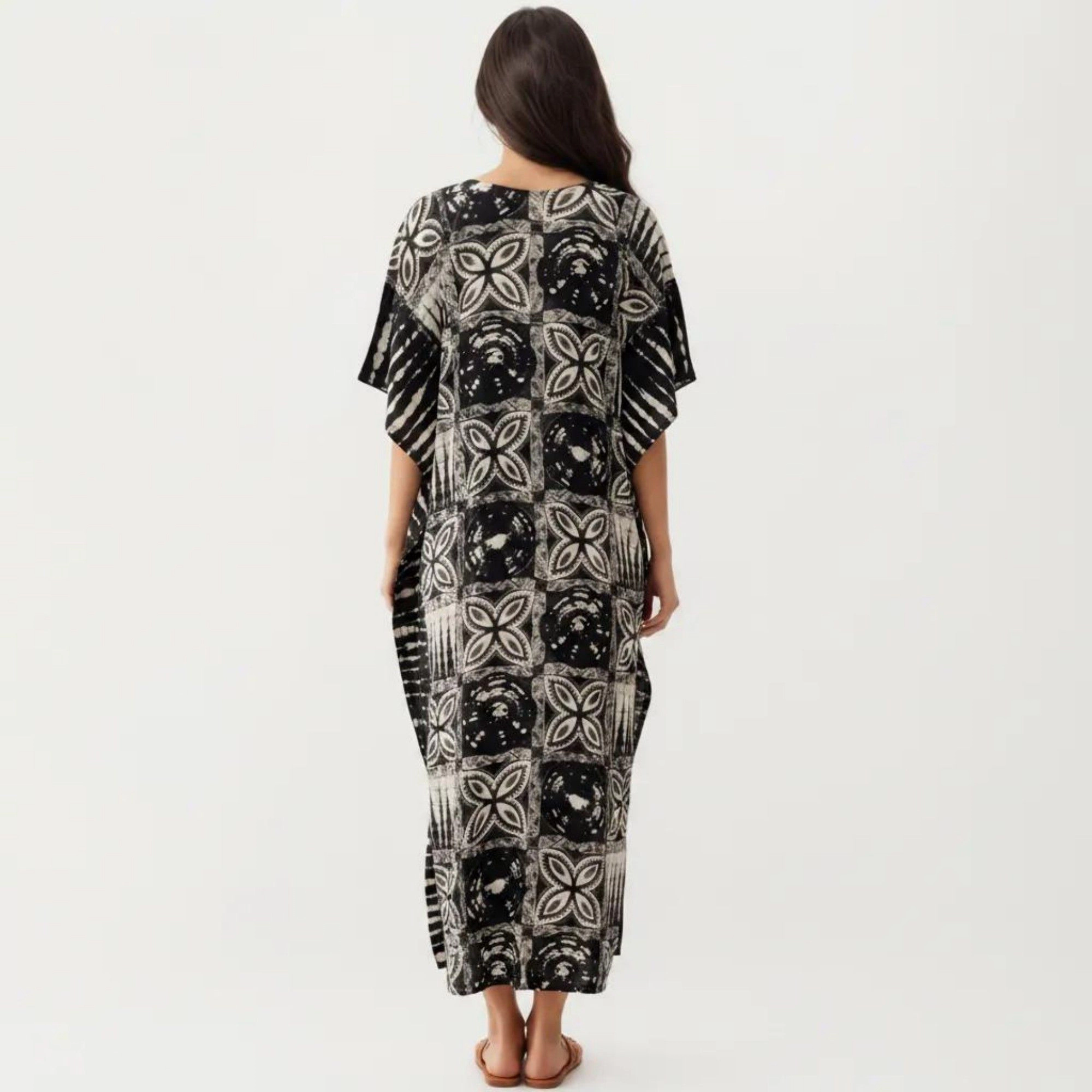 Anna-Kaci Women's Geometric Print Maxi Caftan Dress with V-Neckline Relaxed Fit and Draped Silhouette