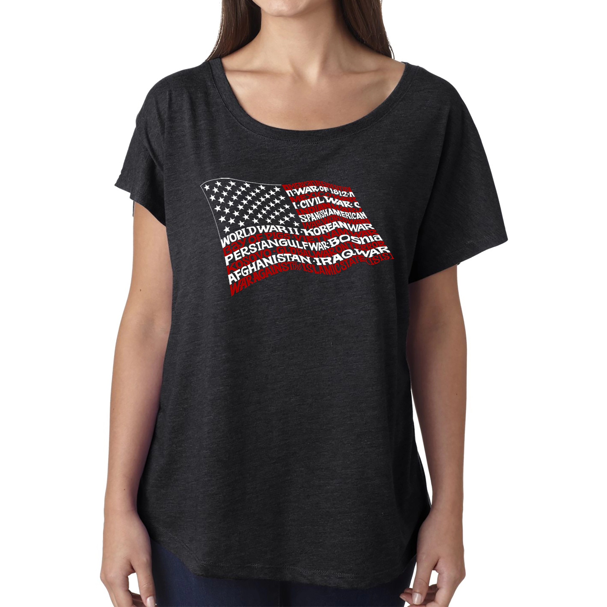 LA Pop Art Women's Dolman Word Shirt - American Wars Tribute Flag