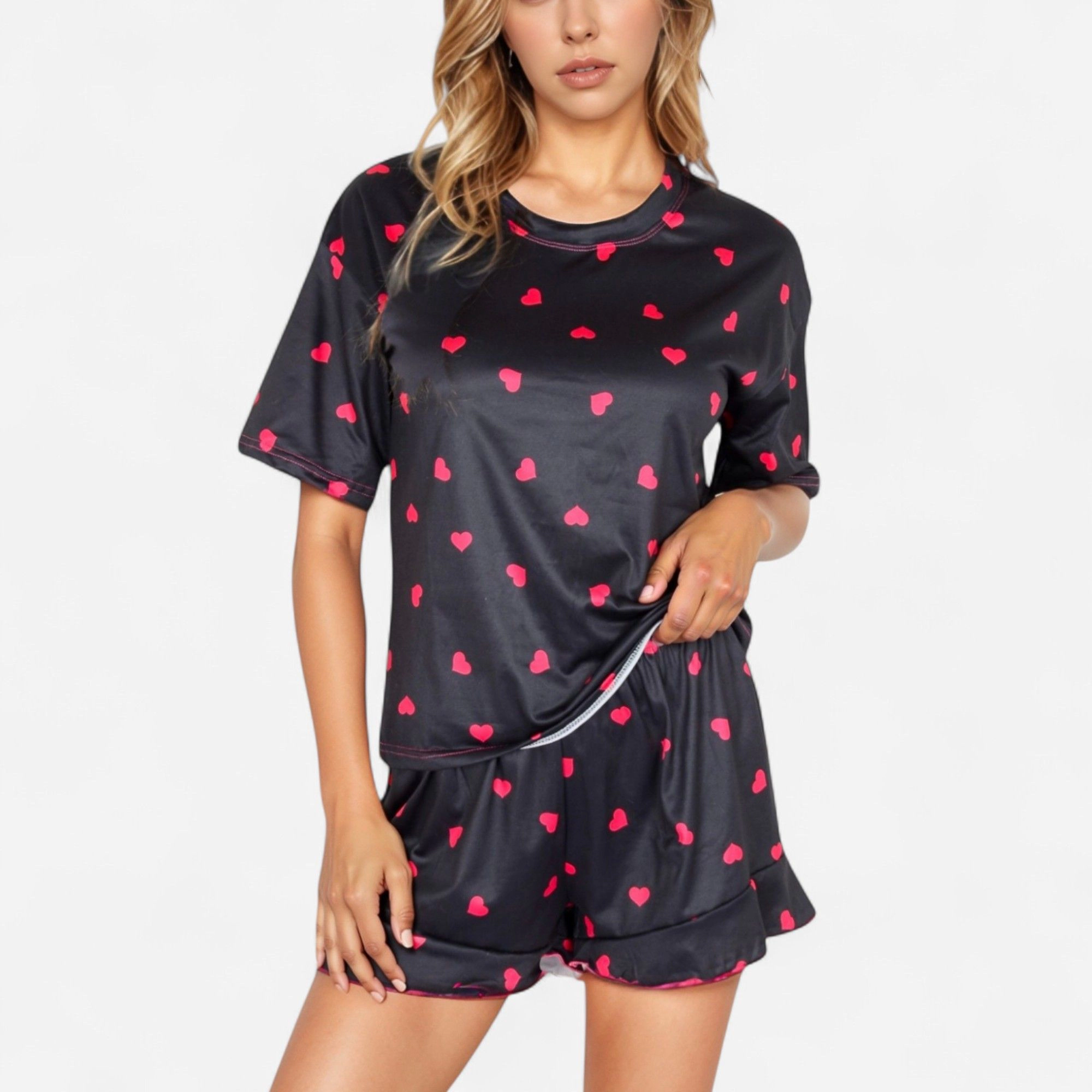 Anna-Kaci Women's Valentine Heart Print Satin Pajama Set with Short Sleeve Crew Neck Top and Ruffle Trim Lounge Shorts