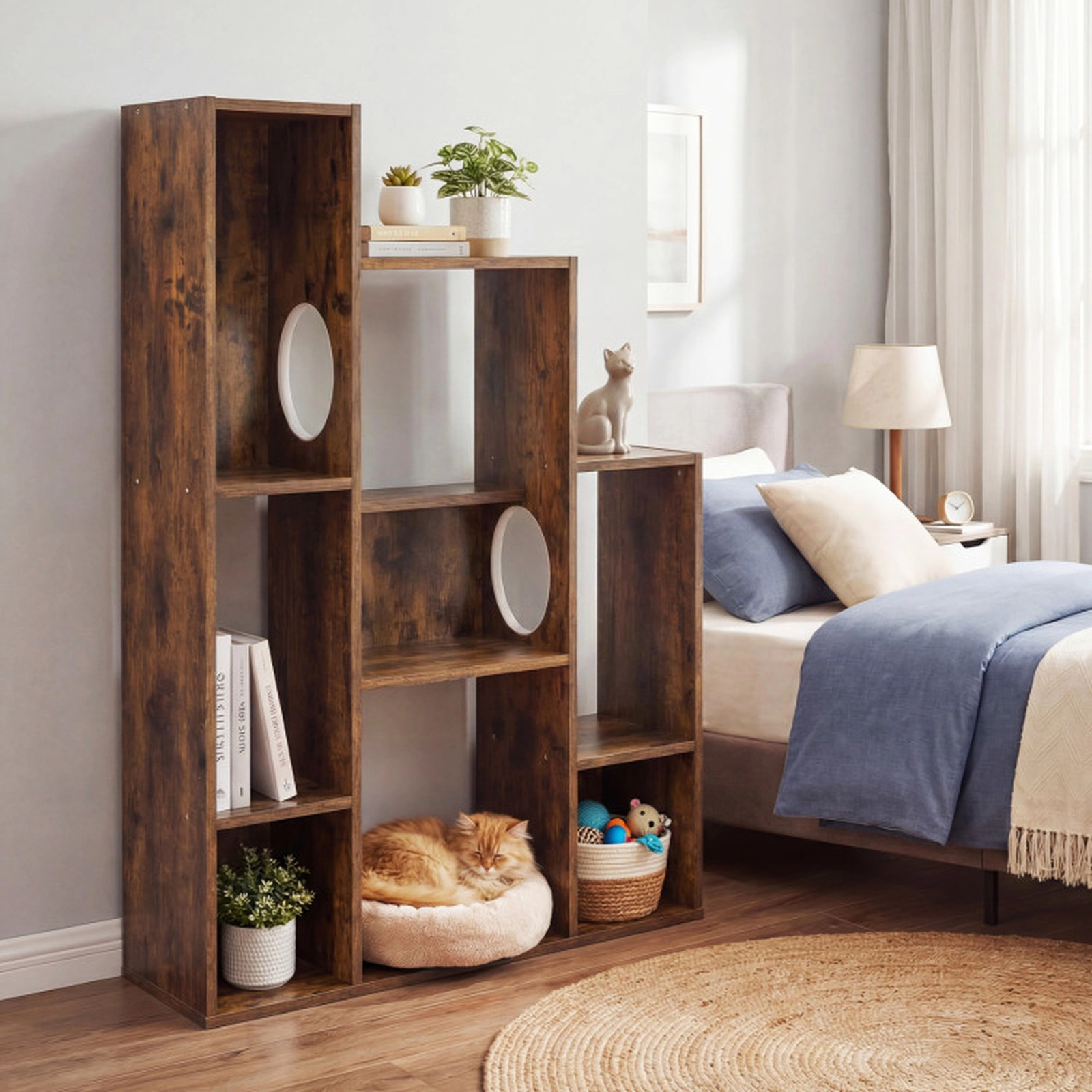 SUGIFT 46-in Cat Tree Bookshelf with 2 Round Hideaway Holes Stepped Climbing Levels and 8 Shelves