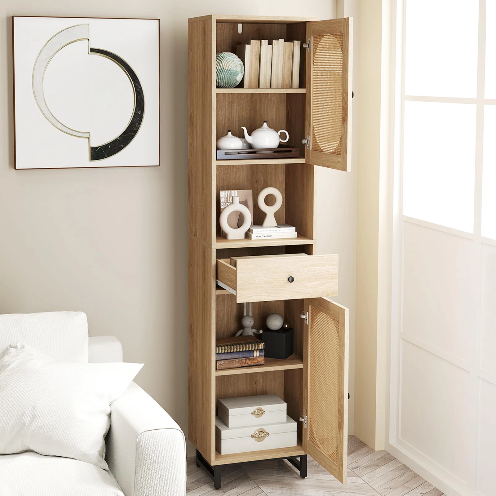 Glintex 67-Inch PE Rattan Bathroom Cabinet with Soft-Close Hinges and Drawer, Natural