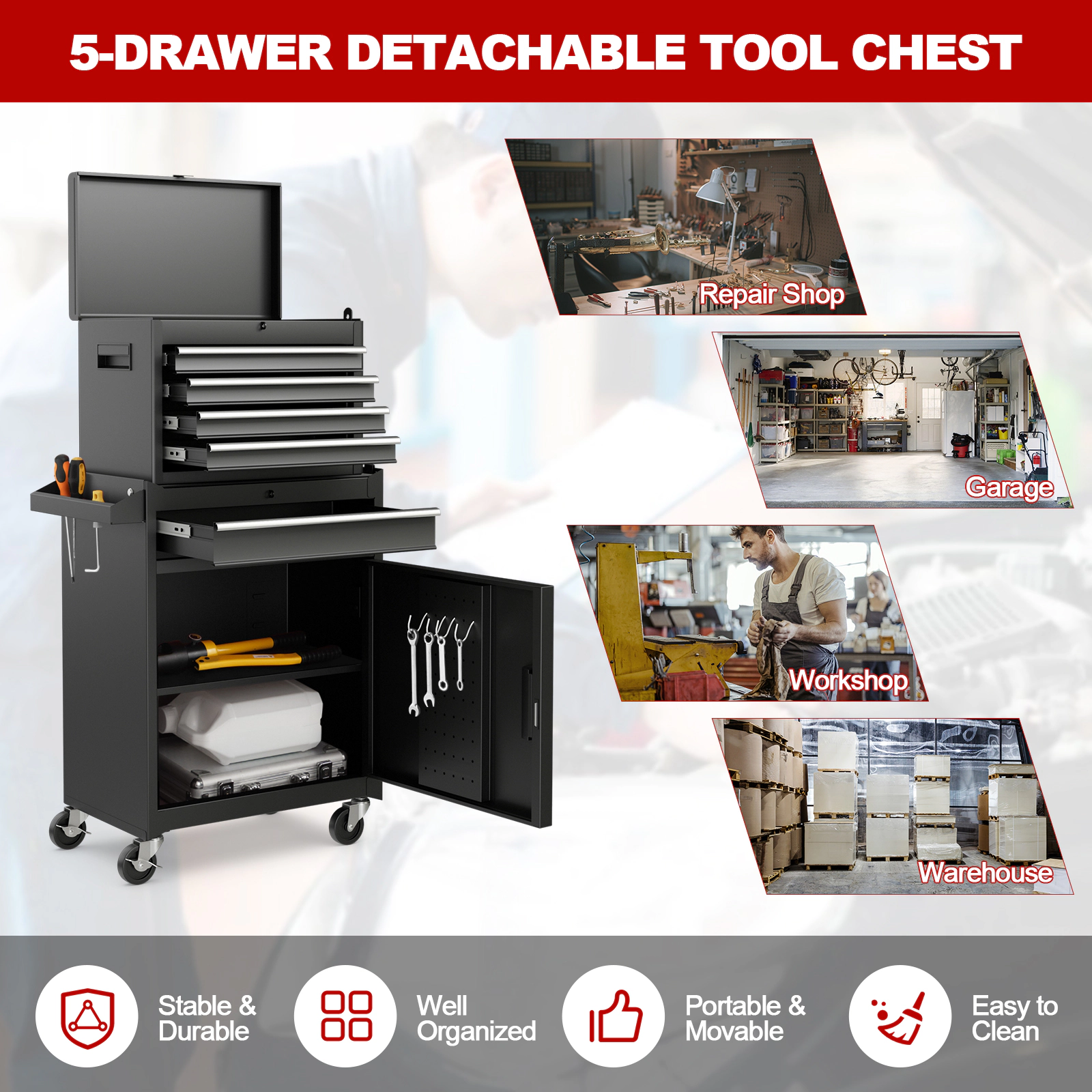 SUGIFT 2-in-1 5-Drawer 220.5-lb Capacity Steel Rolling Tool Chest and Cabinet with Lock Bars and Side Hooks