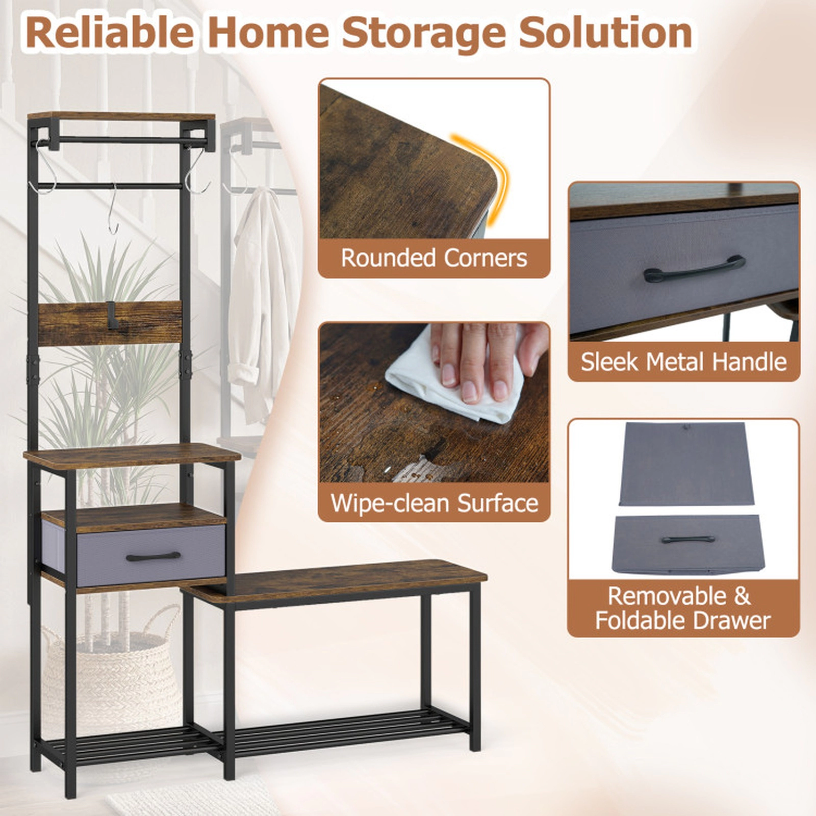SUGIFT 7-in-1 Hall Tree with Shoe Bench Hooks and Removable Drawer 100-lb Seat Capacity Rustic Brown + Black