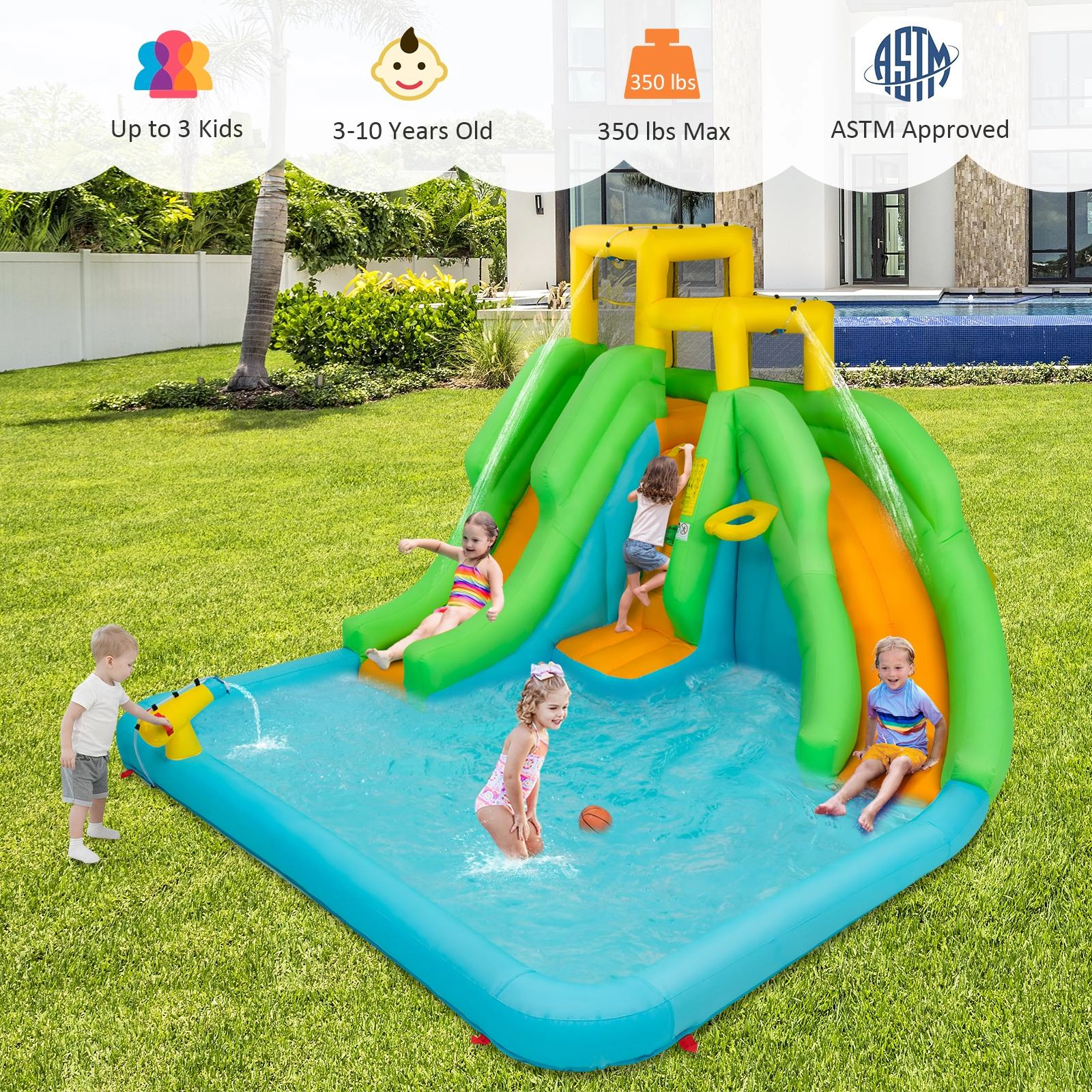 SUGIFT Kids Inflatable Water Park Bounce House with 480W Blower 350-lb Capacity Ages 3-10