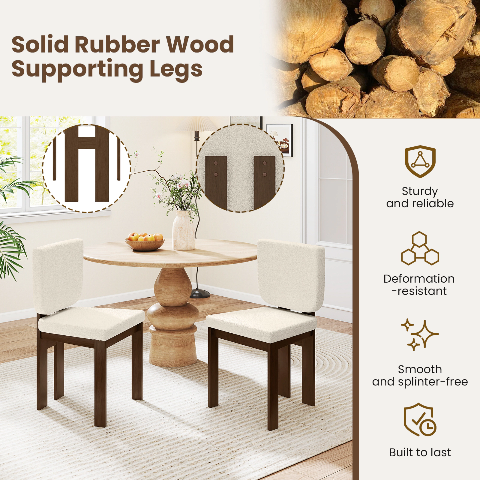 SUGIFT Sherpa Upholstered Wooden Dining Chair Set of 2 Rubber Wood Legs 265-lb Capacity Brown+White 19.5 x 20 x 35 in