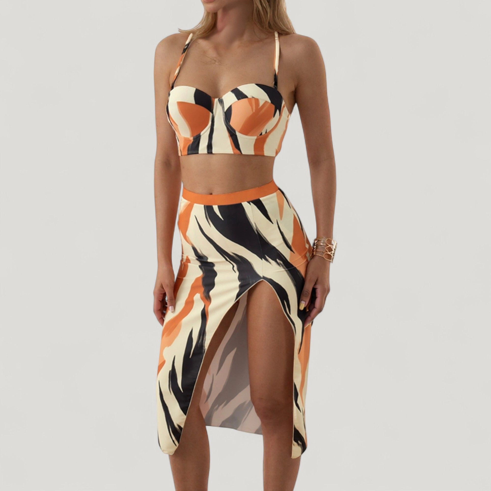 Anna-Kaci Women's 3-Piece Swimsuit Set with Bikini Top High Waist Bottom and Matching Side Slit Skirt Cover-Up