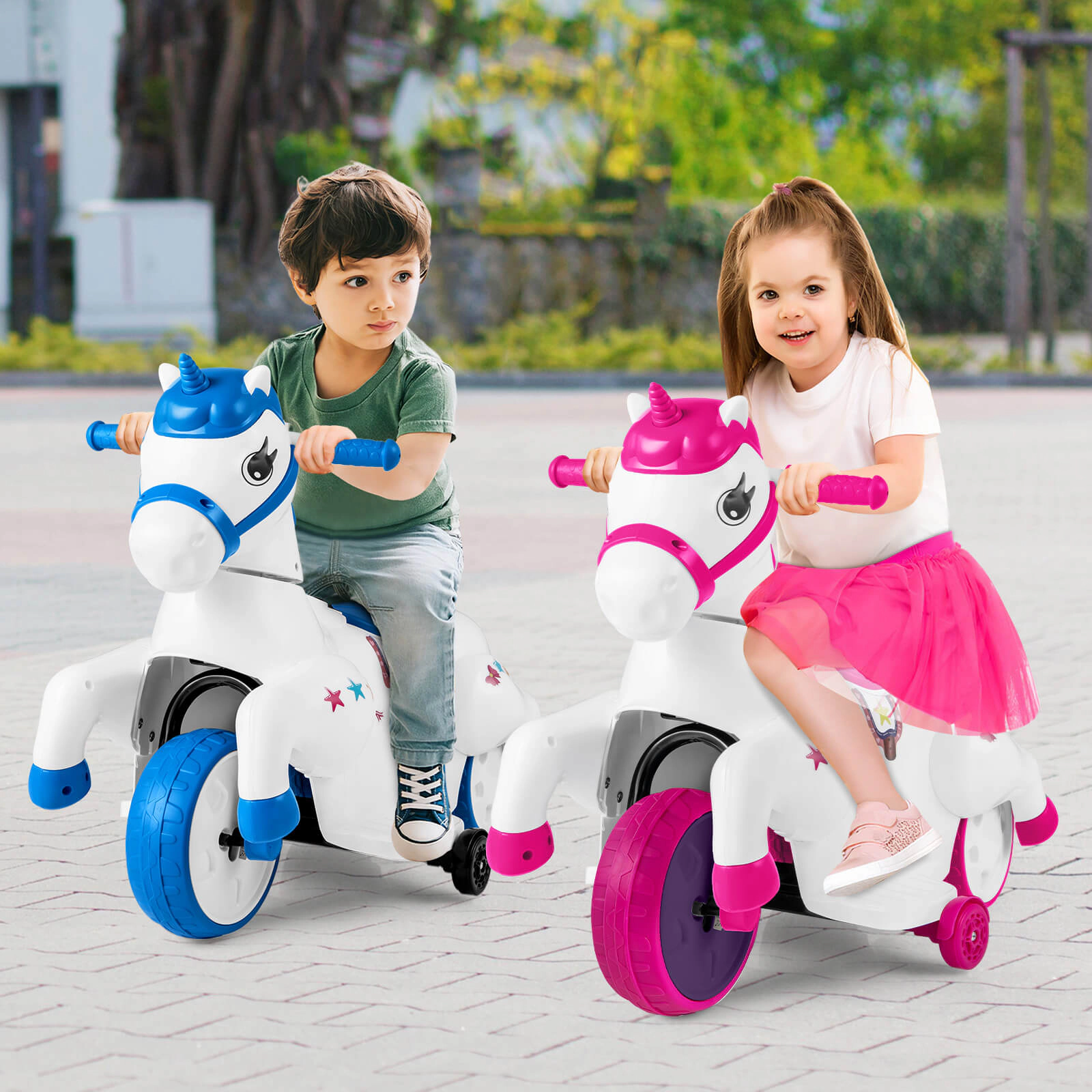 Costway 12V Kids Ride on Unicorn Toy w/ Training Wheels Music One-button Start Horse