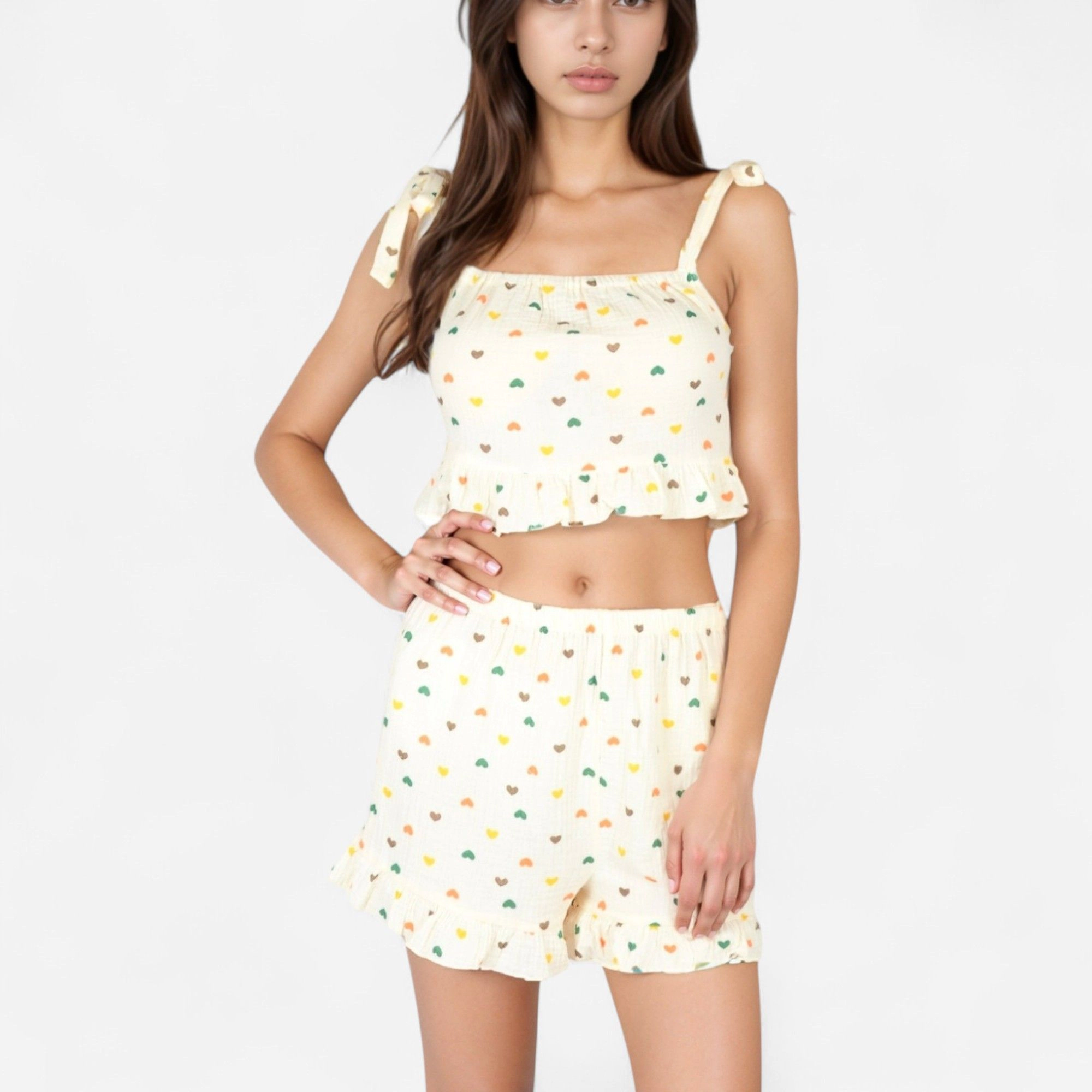 Anna-Kaci Women's Valentine Ruffle Hem Pajama Set with Tie Strap Crop Top and Multicolor Heart Print