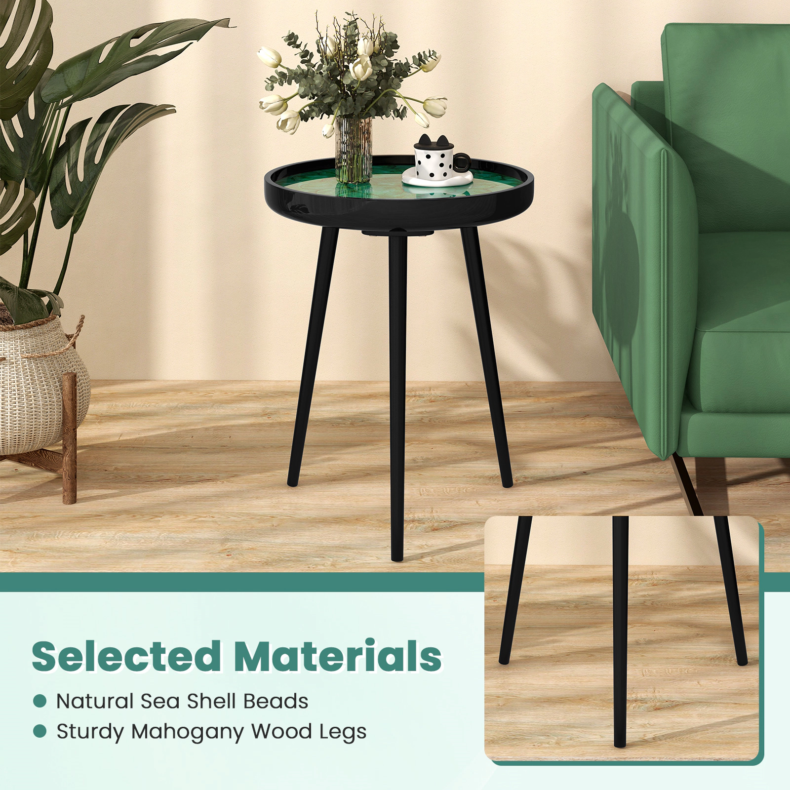 Glintex 16-Inch Handmade Sea Shell End Table with Epoxy Resin Top and Mahogany Legs, Green
