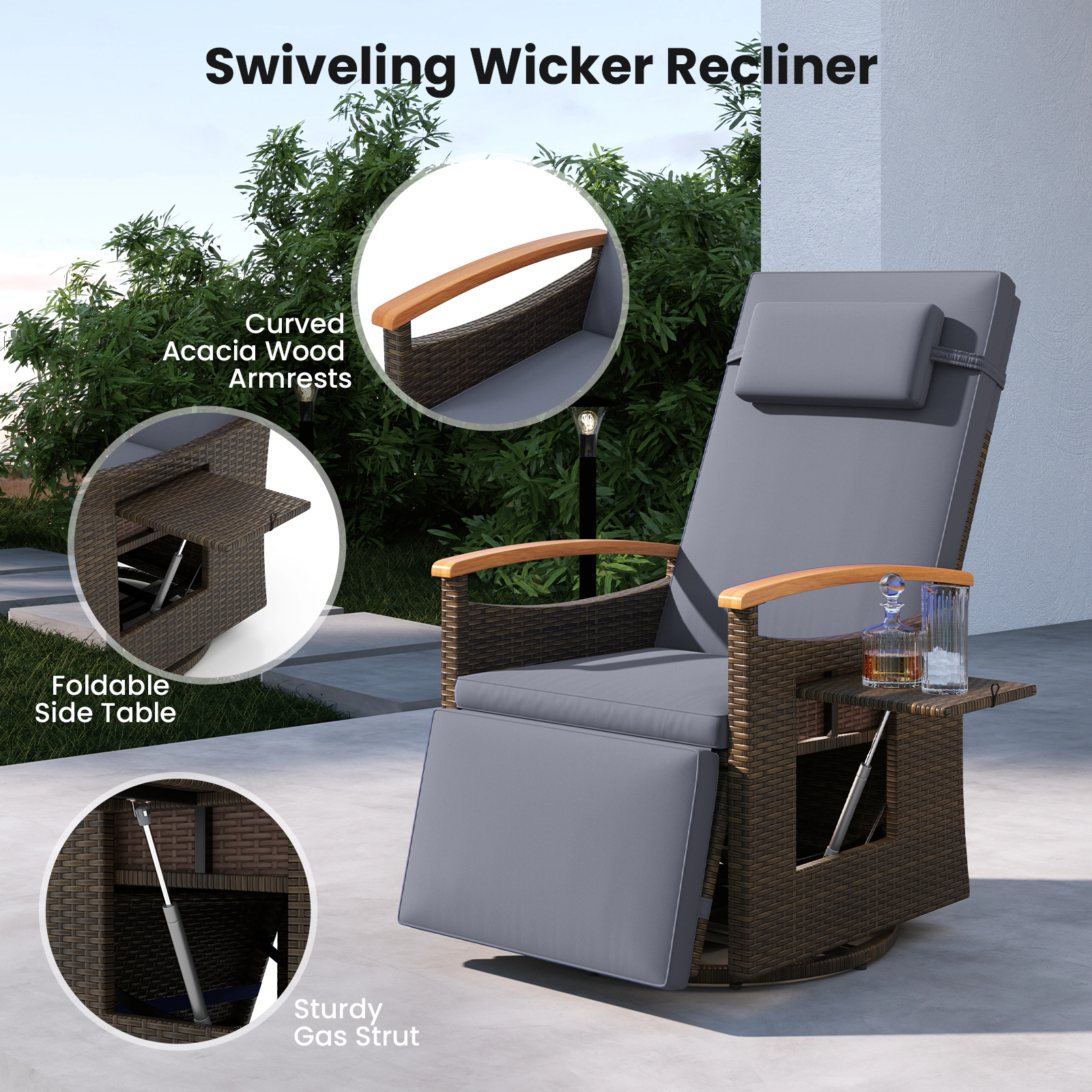 SUGIFT Set of 2 Outdoor Patio Swivel Recliner Chairs, 360° Rotation, 150° Recline, Mix Brown