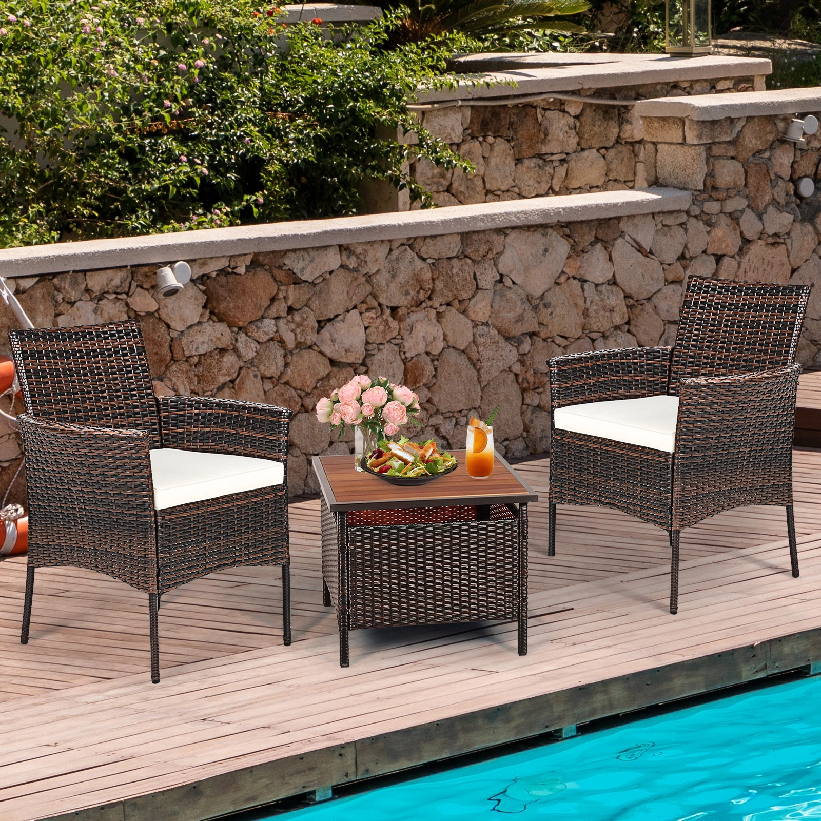SUGIFT 2-Piece Outdoor PE Rattan Dining Armchairs Removable Cushions 360-Lb Capacity Mix Brown Rattan Off White Cushions