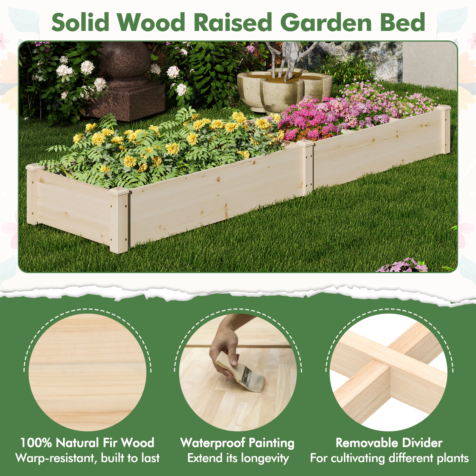 SlickBlue 90 Inch Fir Wood Raised Garden Bed with Divider Planter Box