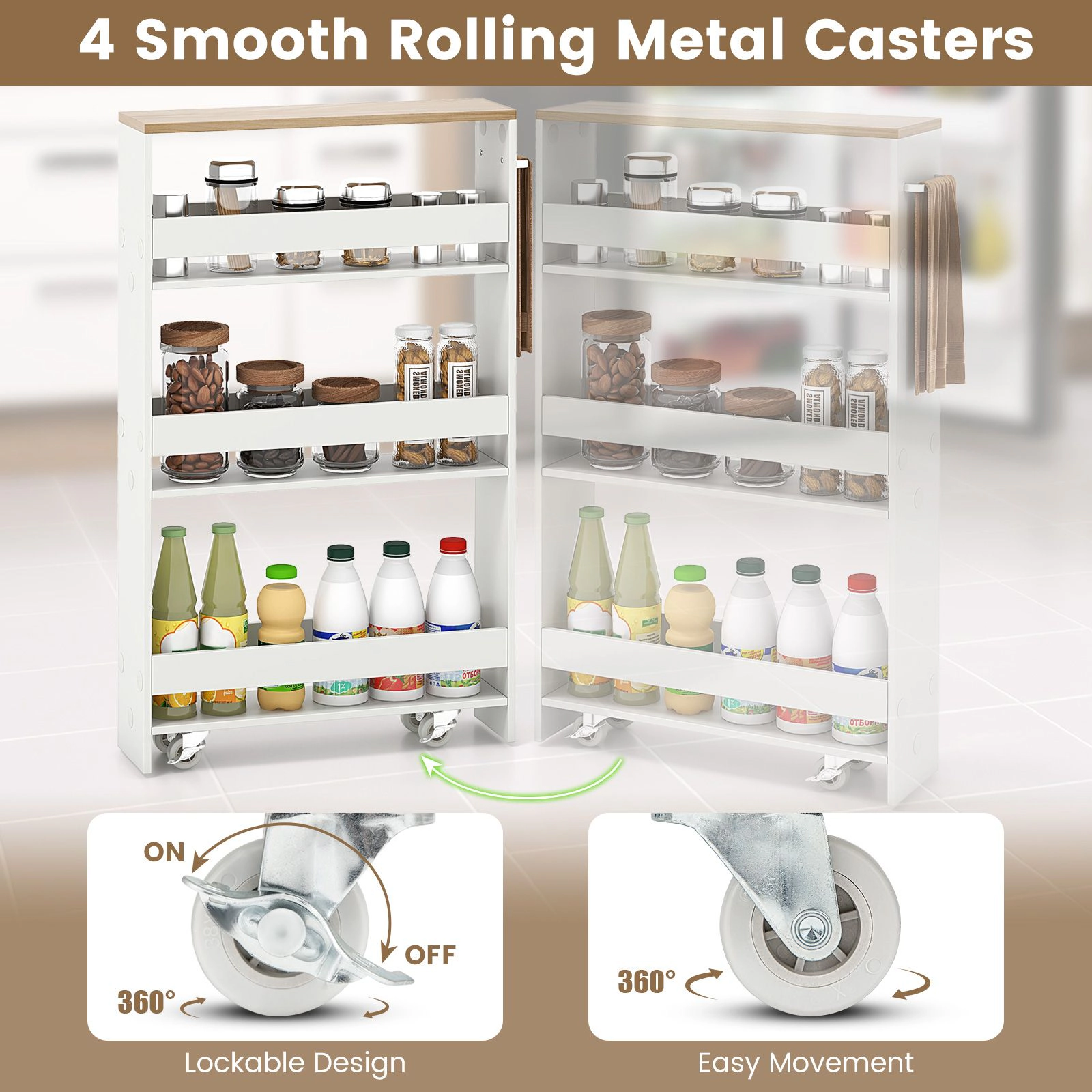 Slickblue 4-Tier Slim Rolling Storage Cart for Kitchen, White