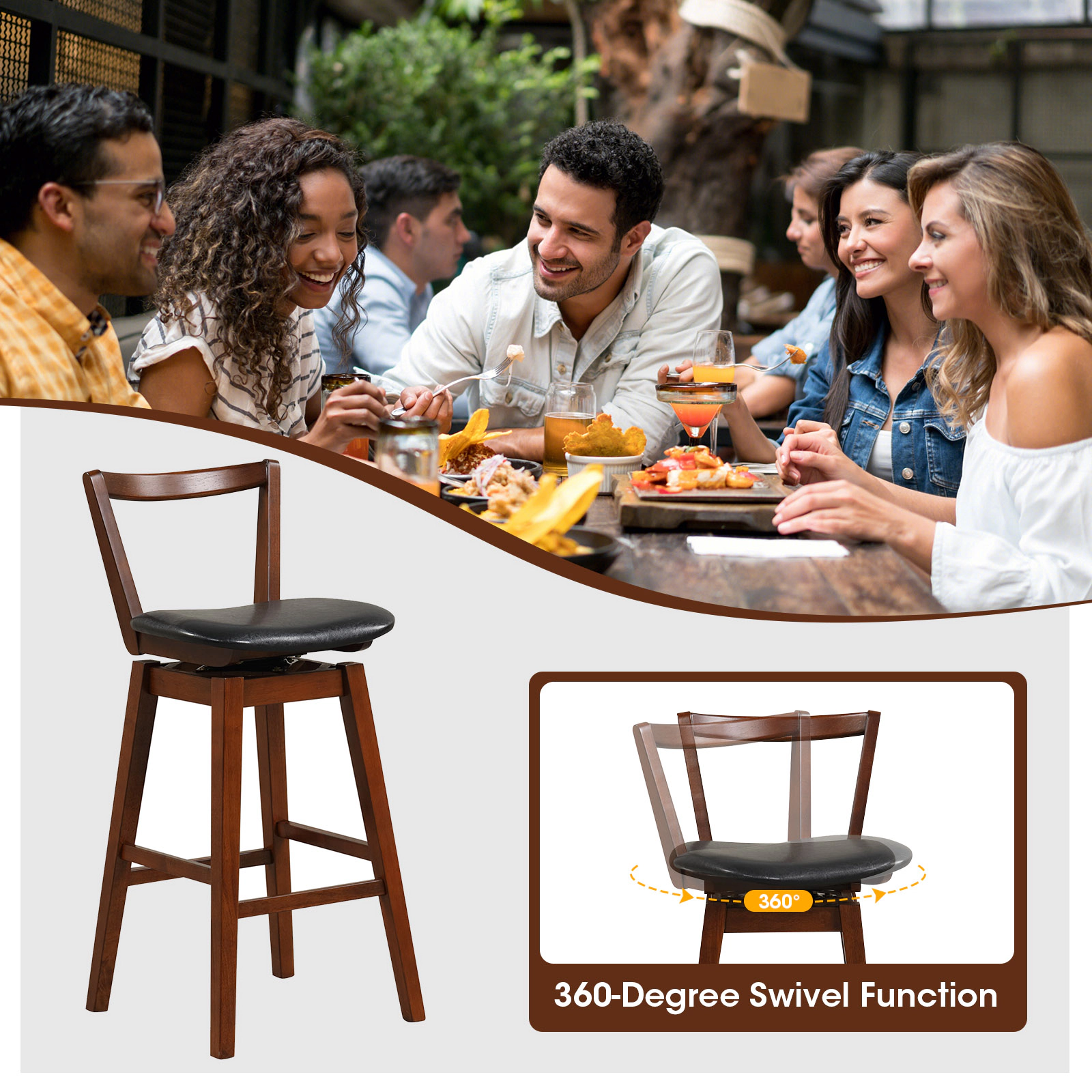 SUGIFT Swivel Upholstered PU Leather Bar Stool with Backrest and Cushioned 30.5-in Seat 335-lb Capacity Walnut and Black