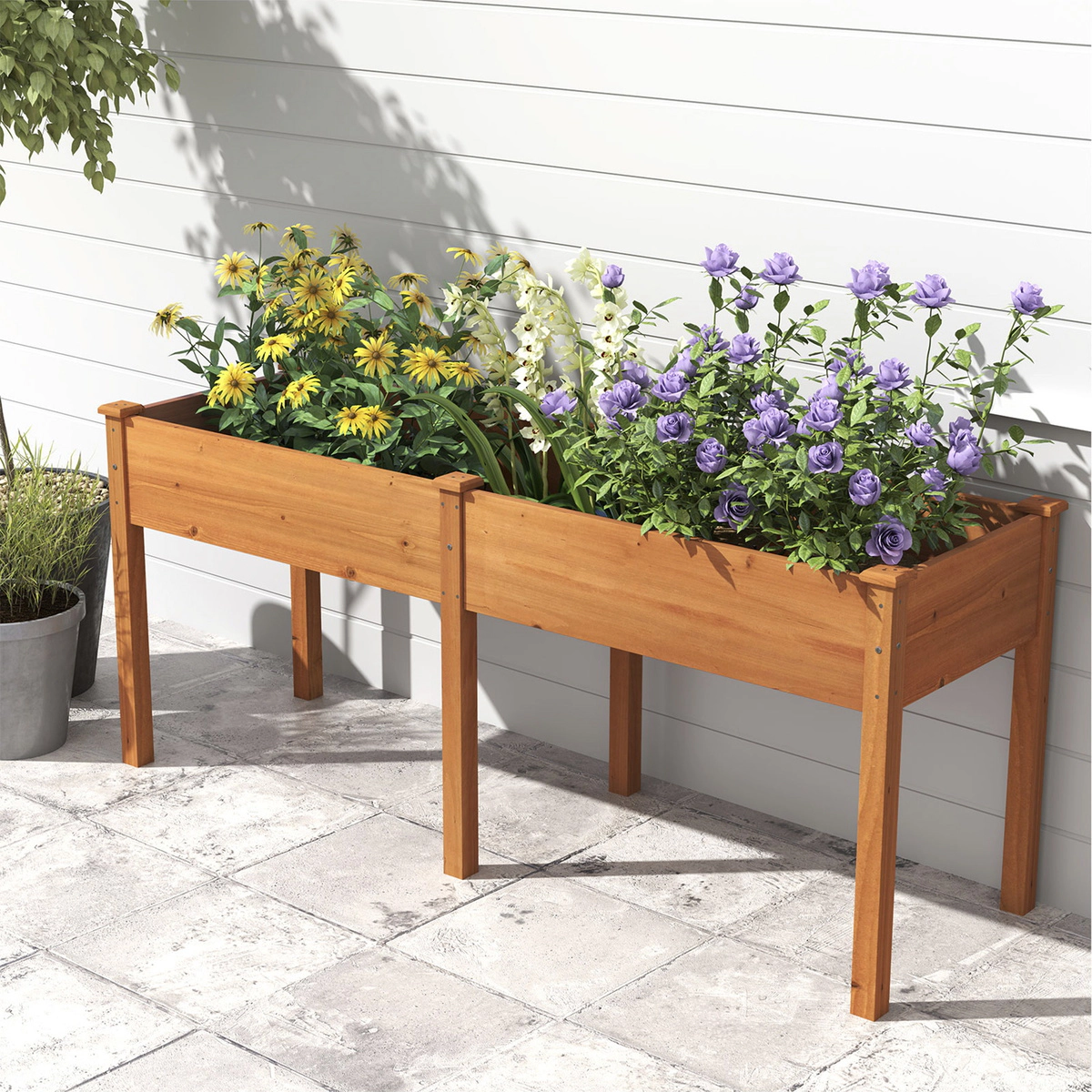 SUGIFT Fir Wood Outdoor Raised Garden Bed with Divider Panel and Drainage Holes 330-lb Capacity Brown/Natural