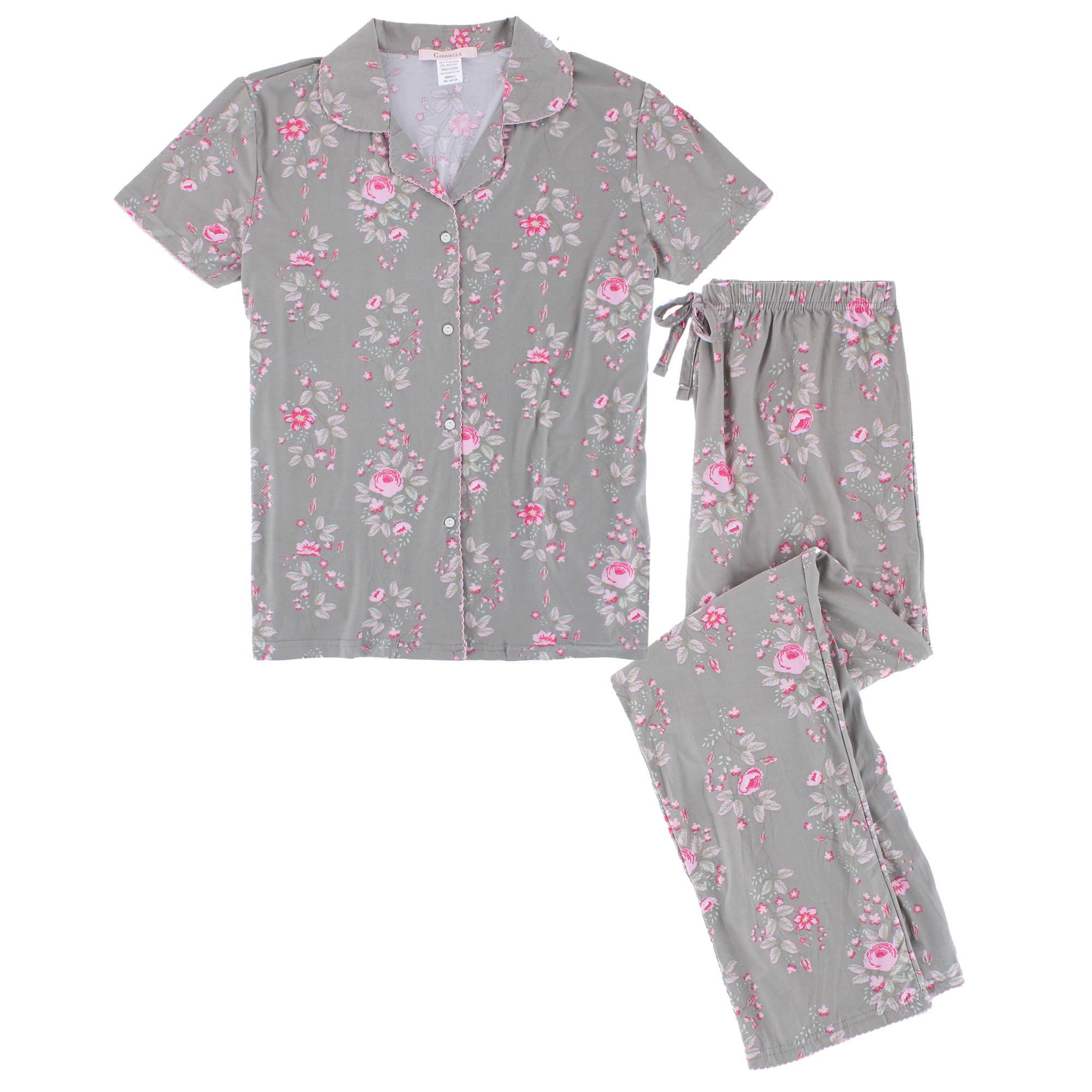 CTM Women's Floral Notched Collar Picot Pajama Set