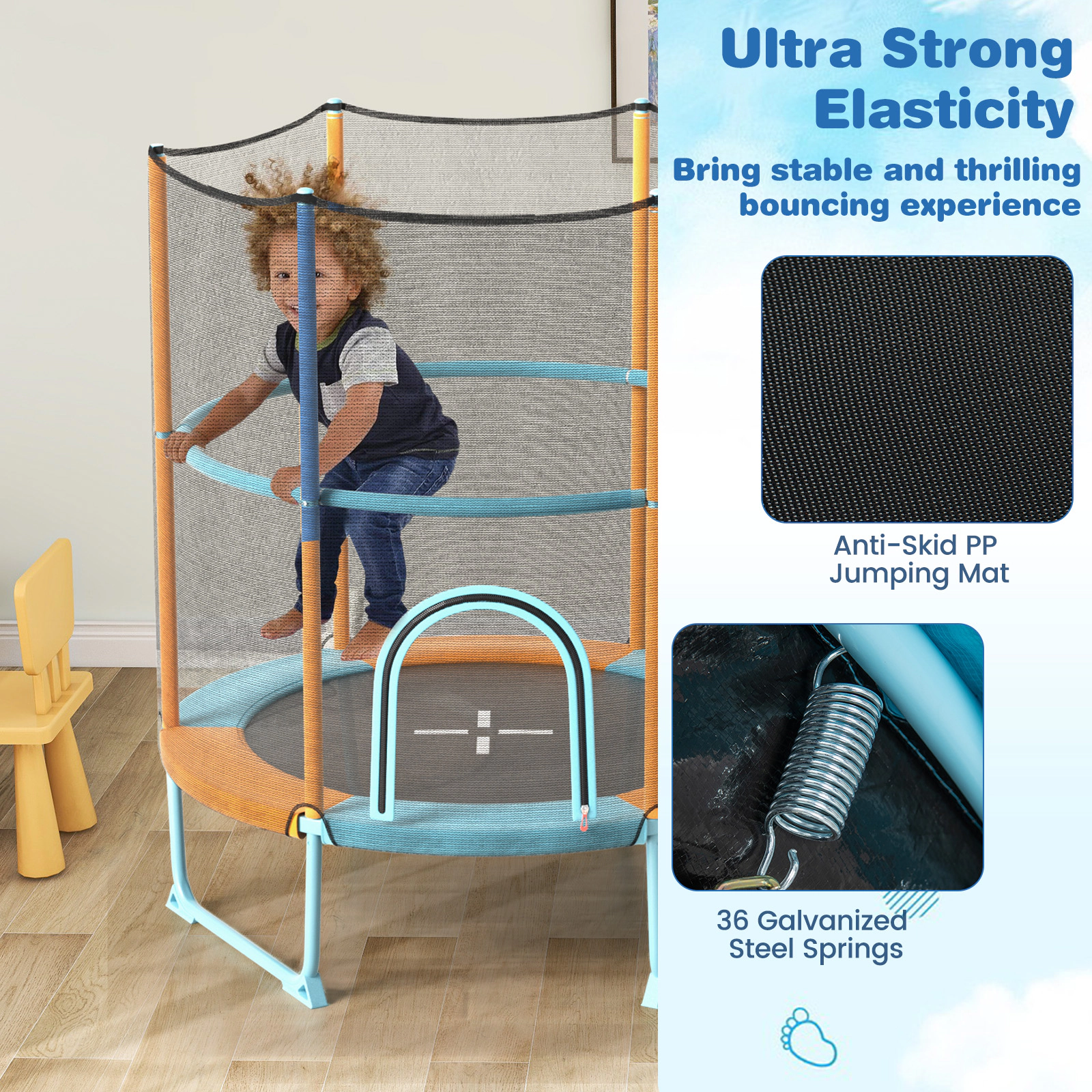 60-in Toddler Trampoline Net Gymnastic Bar Adjustable Rings 110-lb Capacity Ages 3-6 Orange Kids Indoor Trampoline