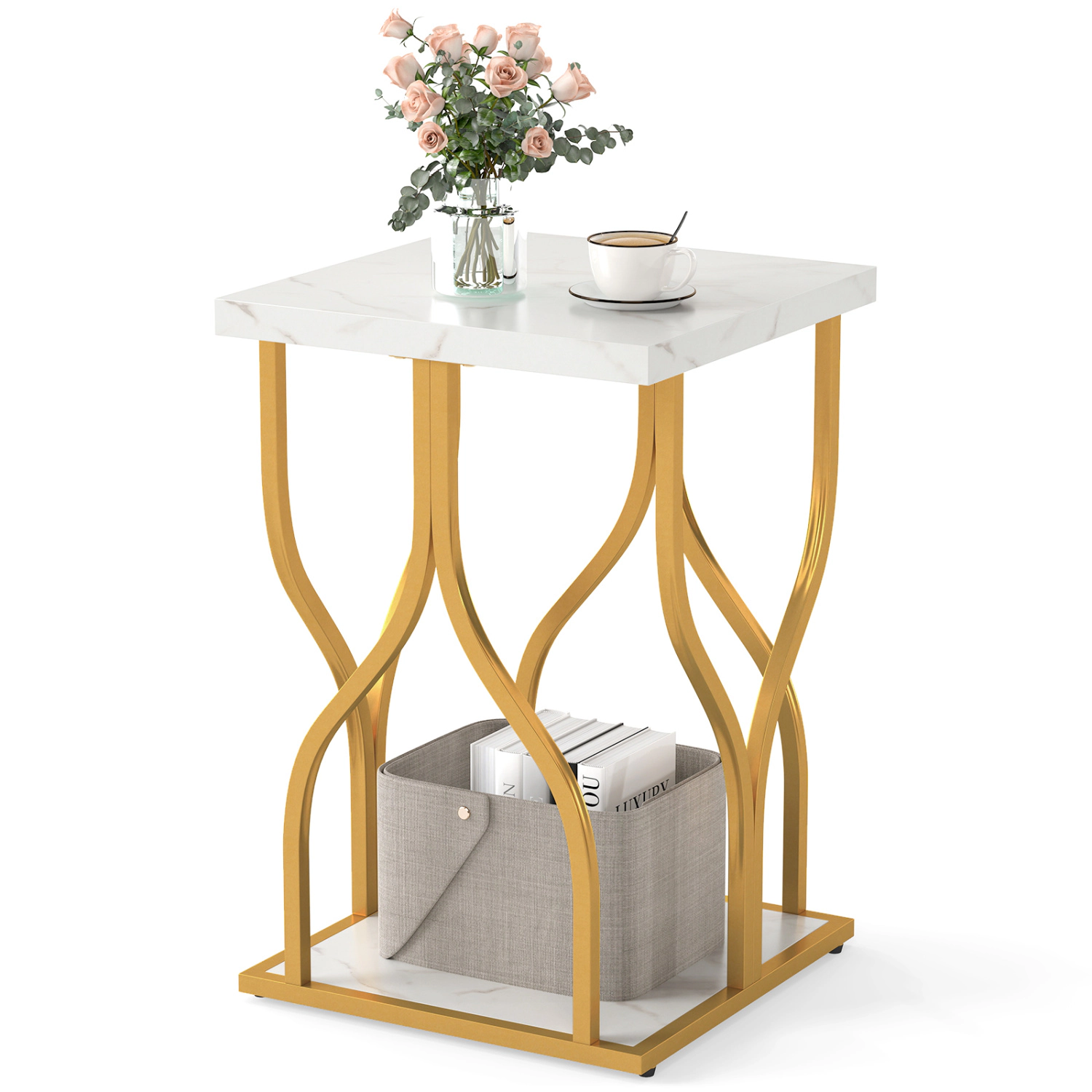 LJG Faux Marble Bedside Night Stand with Petal-Inspired Metal Frame
