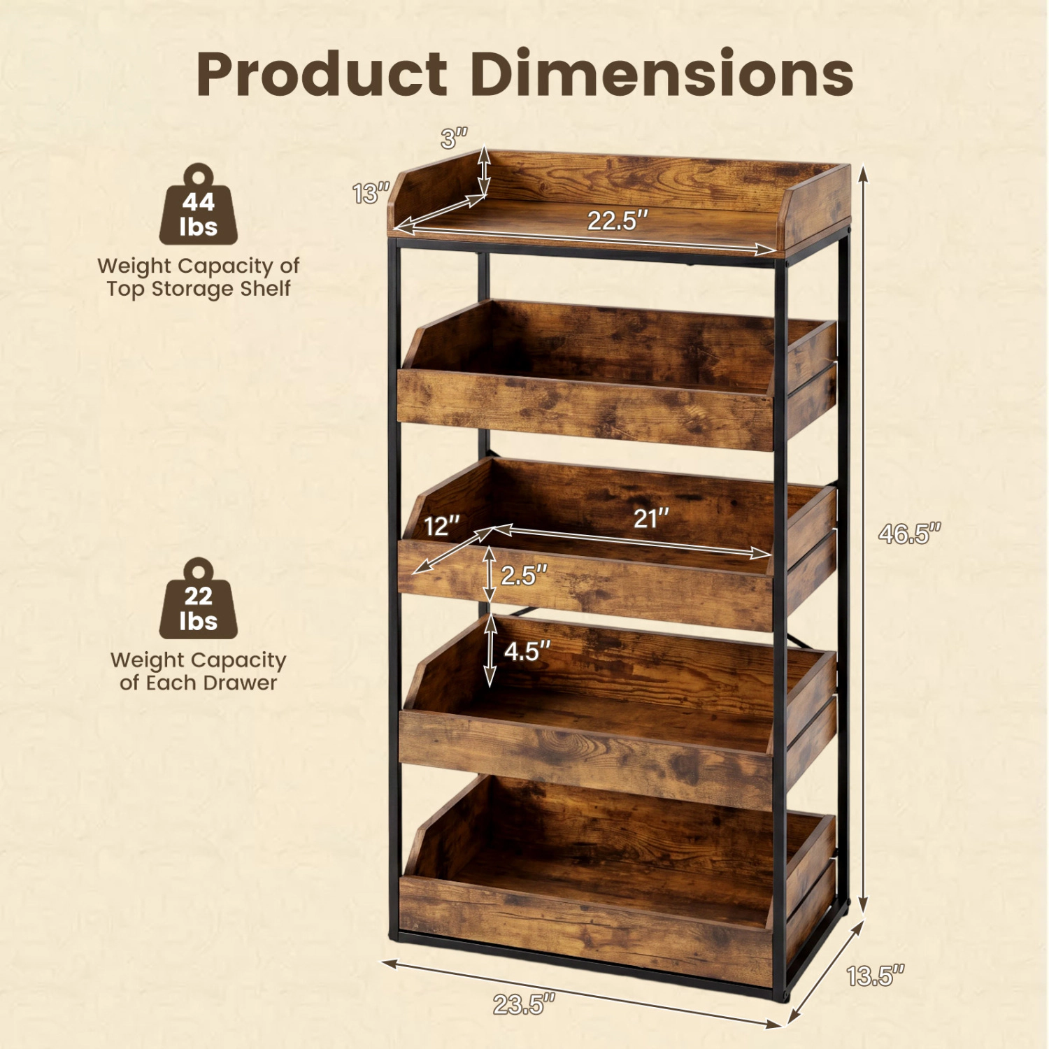 LJG 5-Tier Food Storage Rack with 4 Pull-Out Drawers and Adjustable Feet
