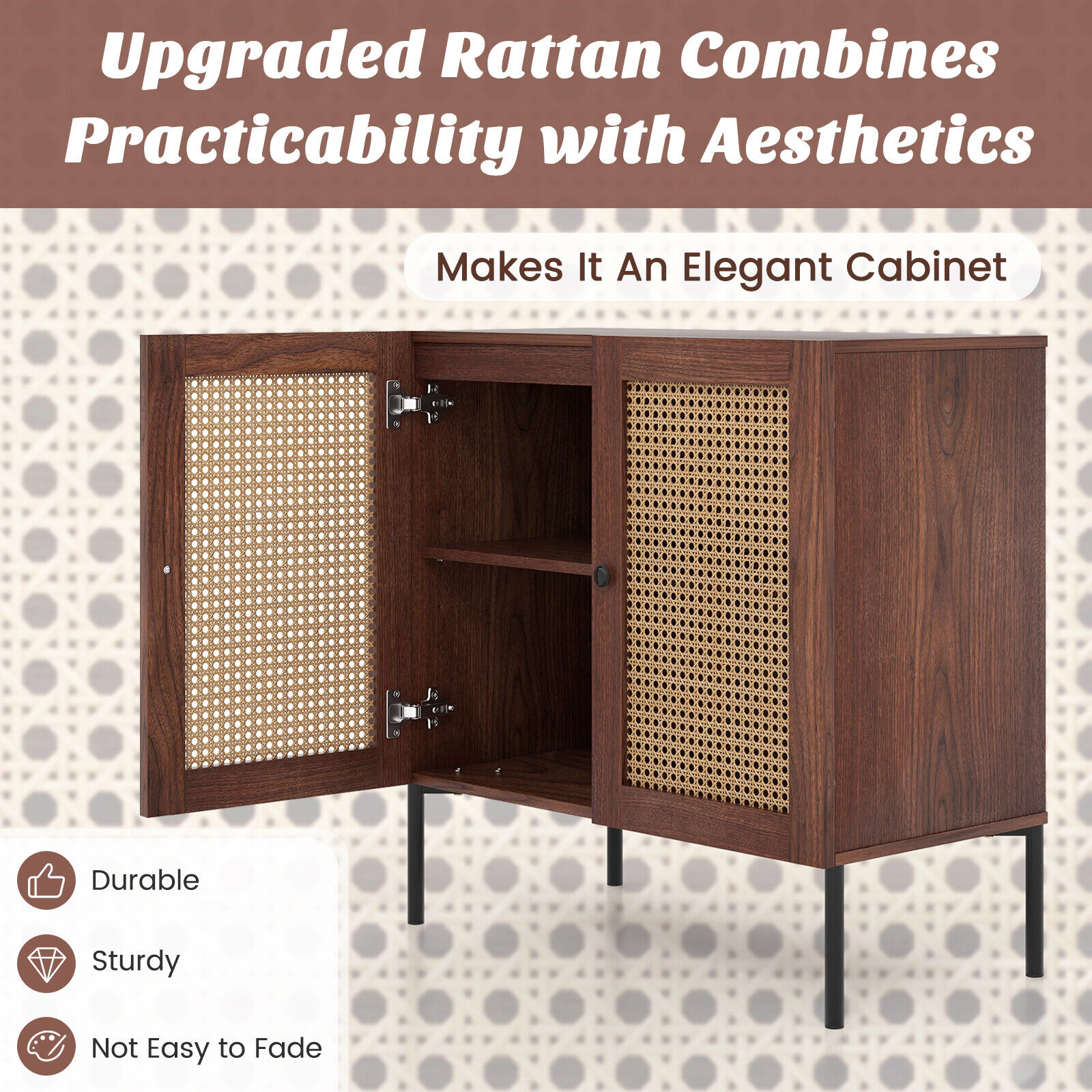 LJG Kitchen Sideboard with 2 Rattan Doors and Adjustable Shelf