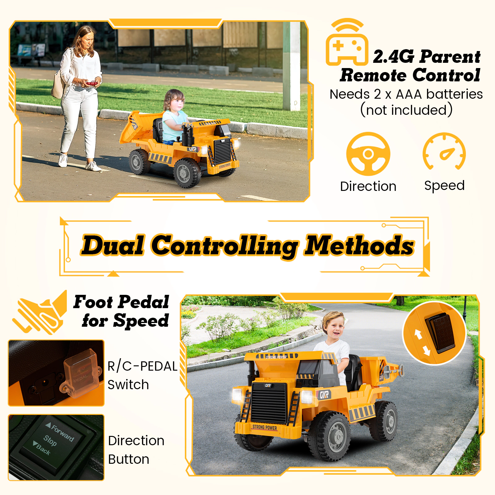 SUGIFT 12V Kids Ride On Dump Truck Car with Electric Dump Bed 66-lb Seat Capacity Ages 37-96 Months Green/Yellow