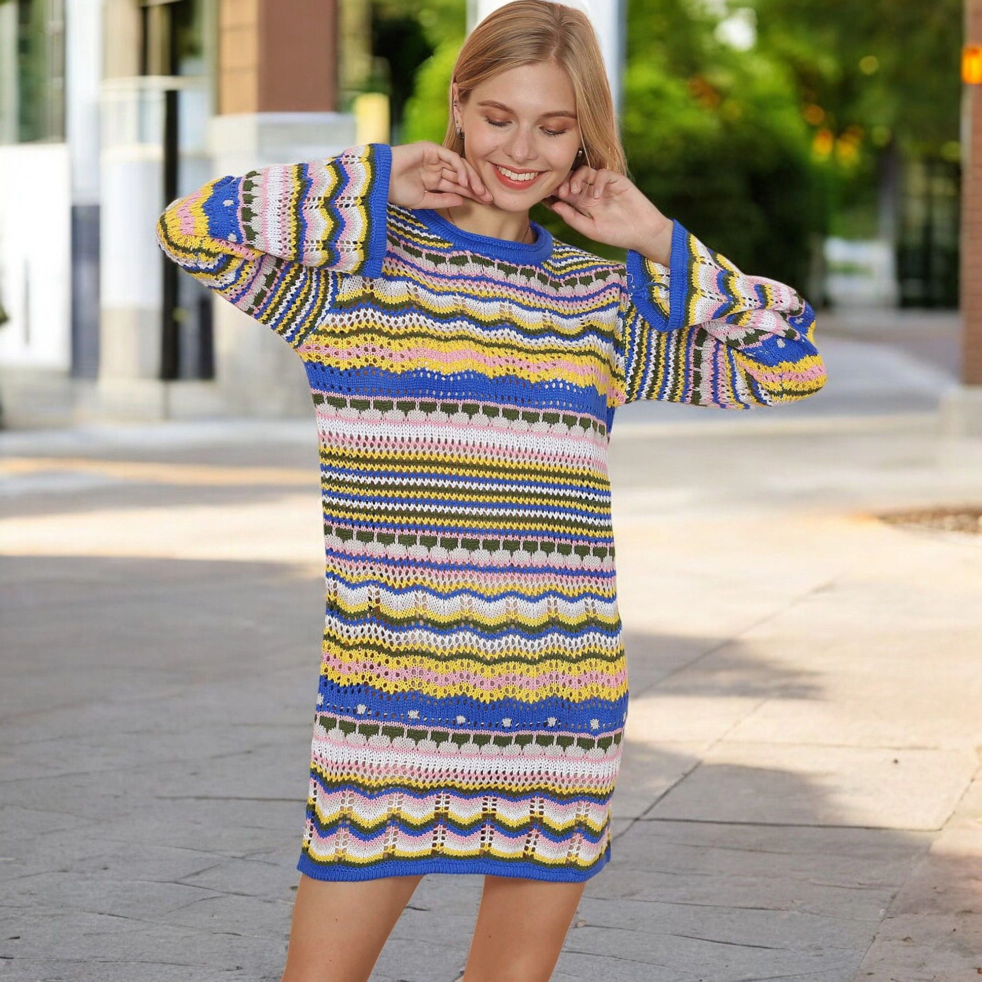 Anna-Kaci Women's Colorful Striped Long Sleeve Knit Sweater Dress