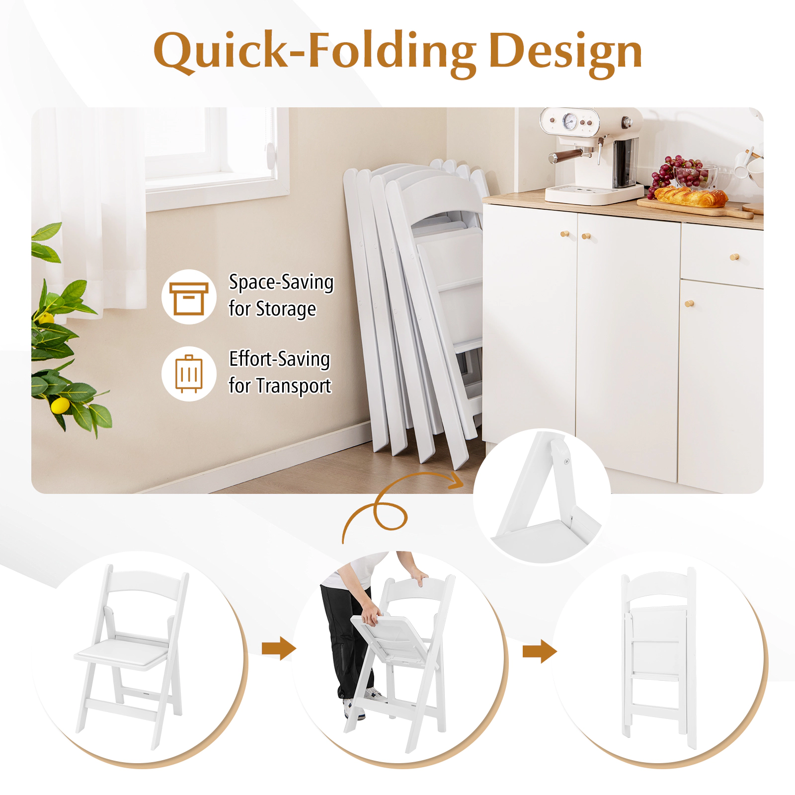 SUGIFT 4 Pack Resin Folding Chairs with Padded Seat 1100-lb Capacity 18-in Seat Height White