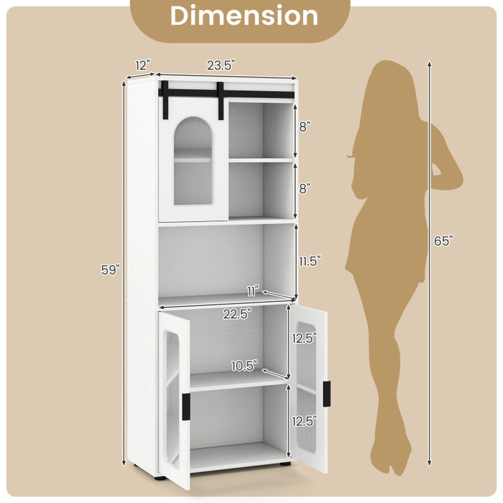 SUGIFT Farmhouse Bathroom Floor Cabinet with Sliding Barn Door 59-in Tall 44-lb Shelf Capacity Natural/White