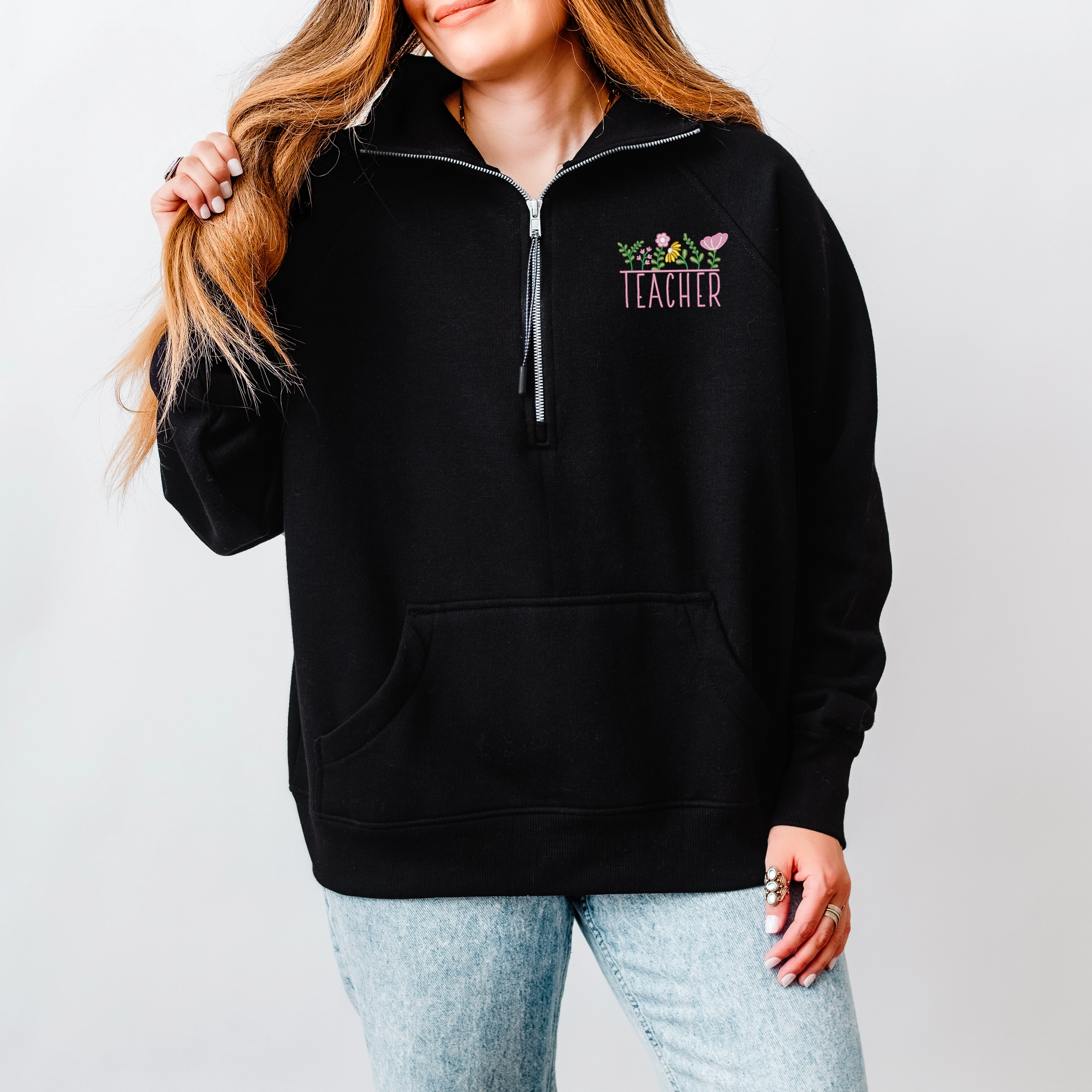 Simply Sage Market - Embroidered Teacher Flowers Women's Quarter Zip Fleece Graphic Sweatshirt