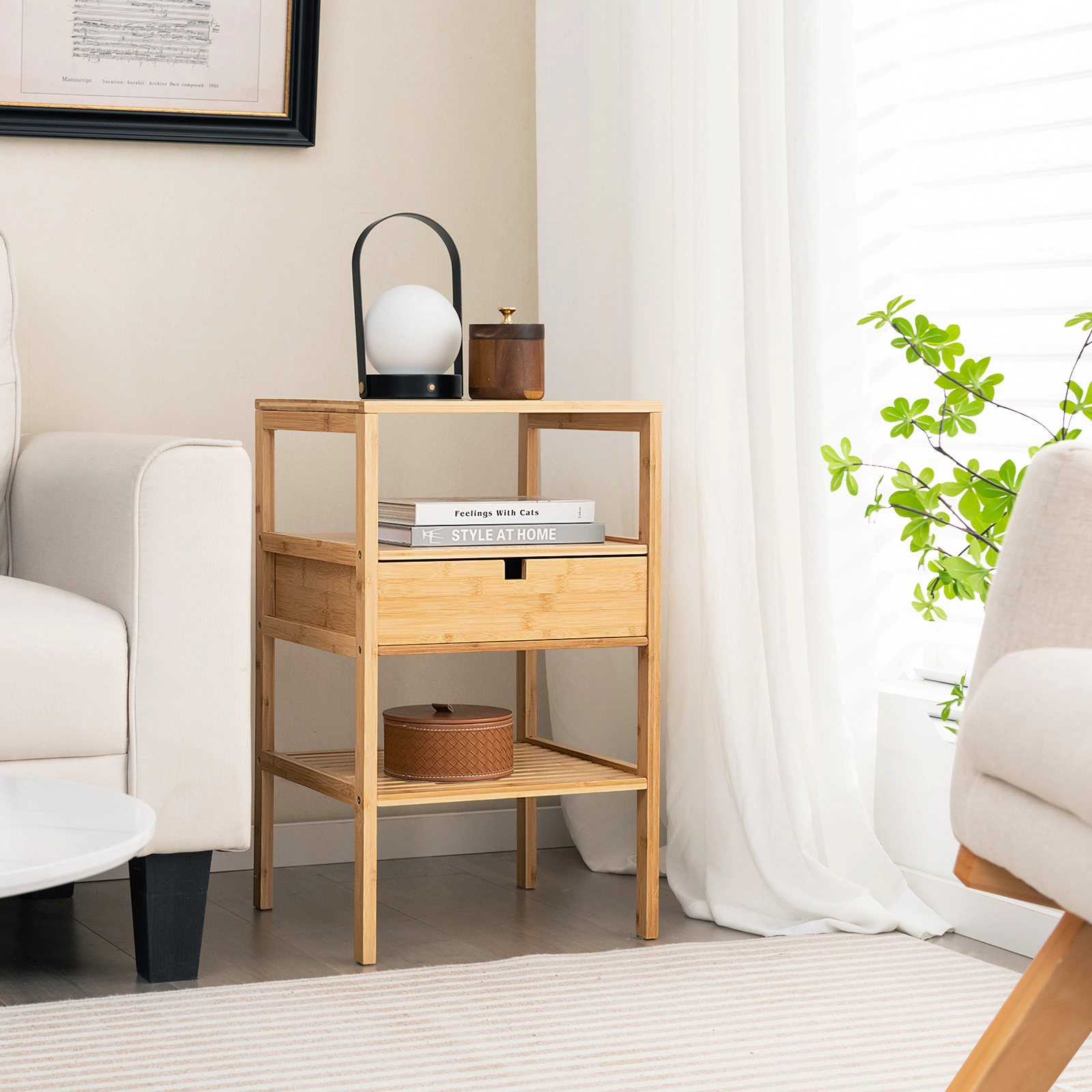 Glintex Bamboo Nightstand with Slatted Ventilated Shelves and Cut-Out Handle Drawer, Natural