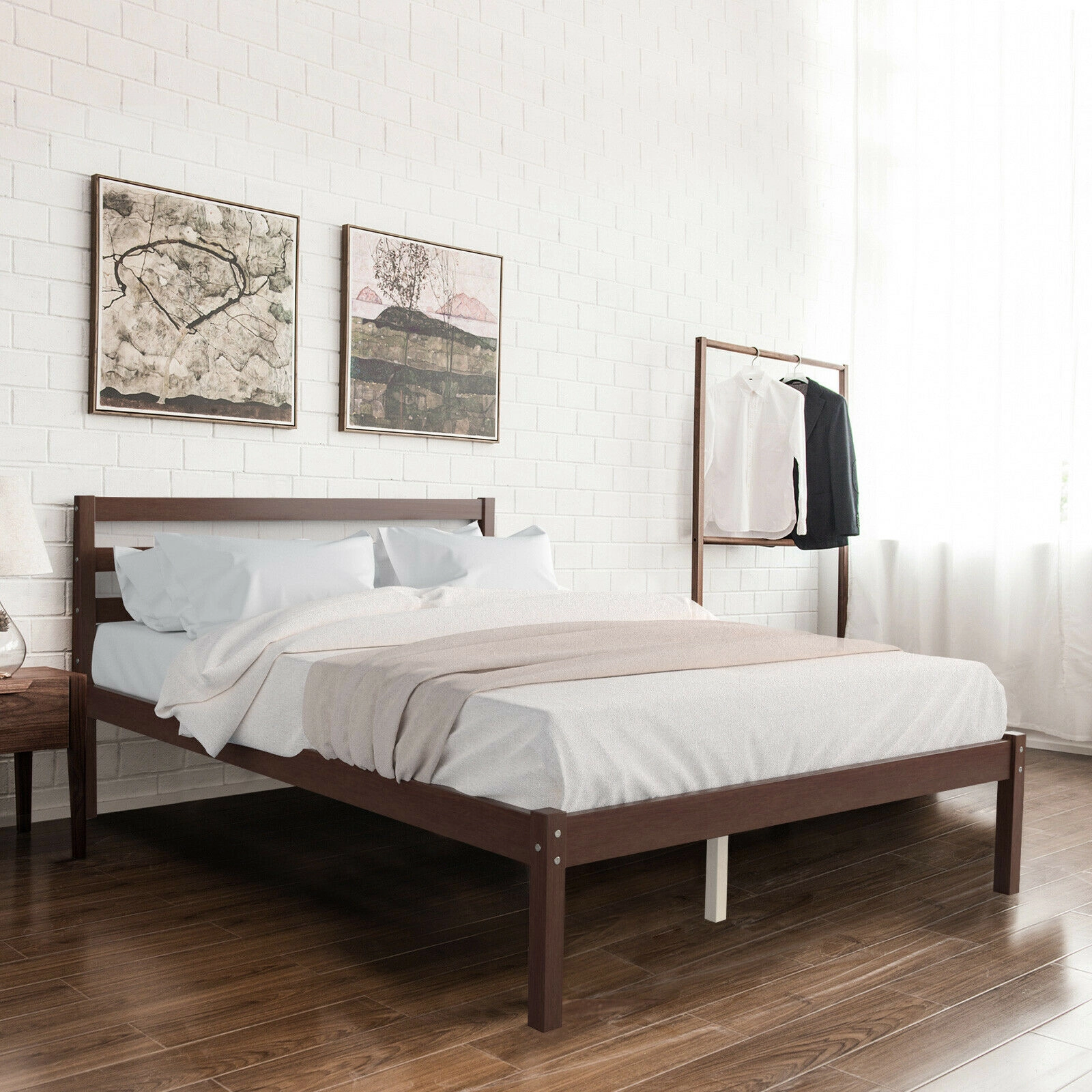 SUGIFT Espresso Slat Headboard and Solid Wood Slats Full Size Wooden Bed Frame Foundation