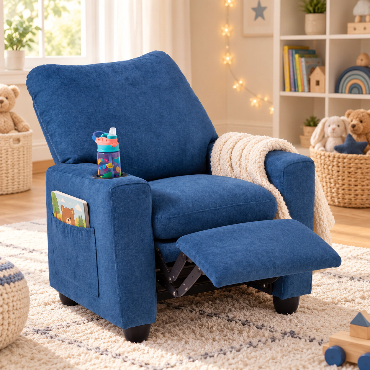 SUGIFT Kids Chenille Fabric Cup Holder Pop Out Footrest Recliner 24-in x 20.5-in x 30-in 150-lb Capacity Ages 3+ Navy