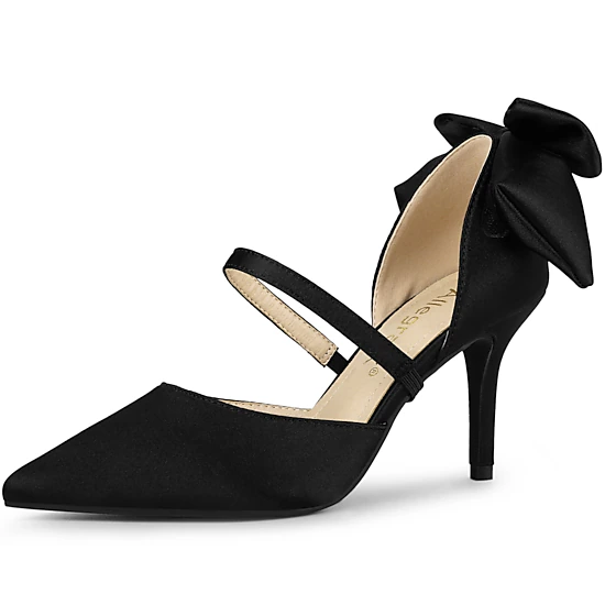 BLISSFUL STEP Women's Pointed Toe Bow Satin Stiletto Heels Pumps
