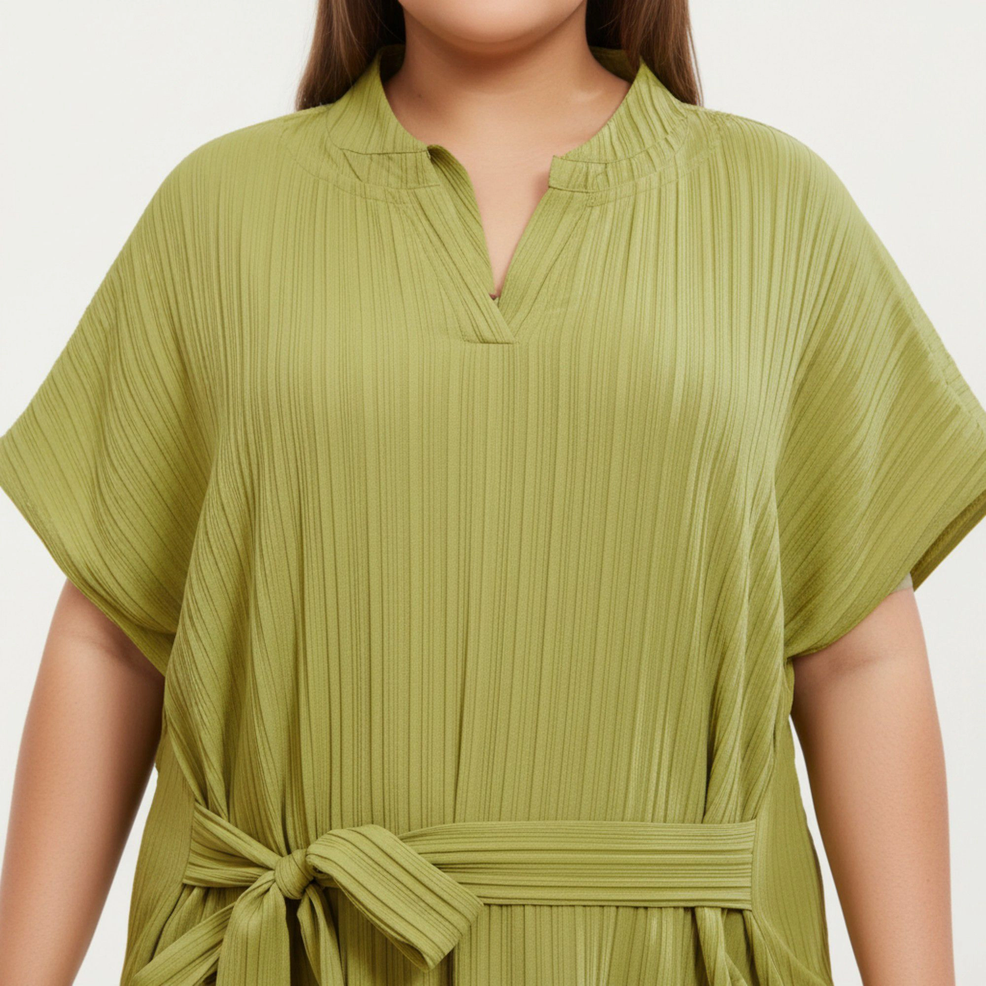 Anna-Kaci Women's Pleated Midi Dress Flowing Texture Relaxed Drop-Shoulder Sleeves and Adjustable Fabric Tie Waist Belt