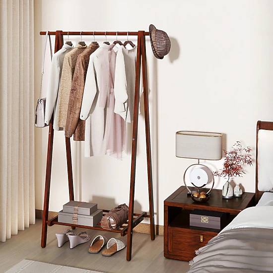 SUGIFT Folding Rubber Wood Clothes Rack Walnut with Bottom Storage Shelf