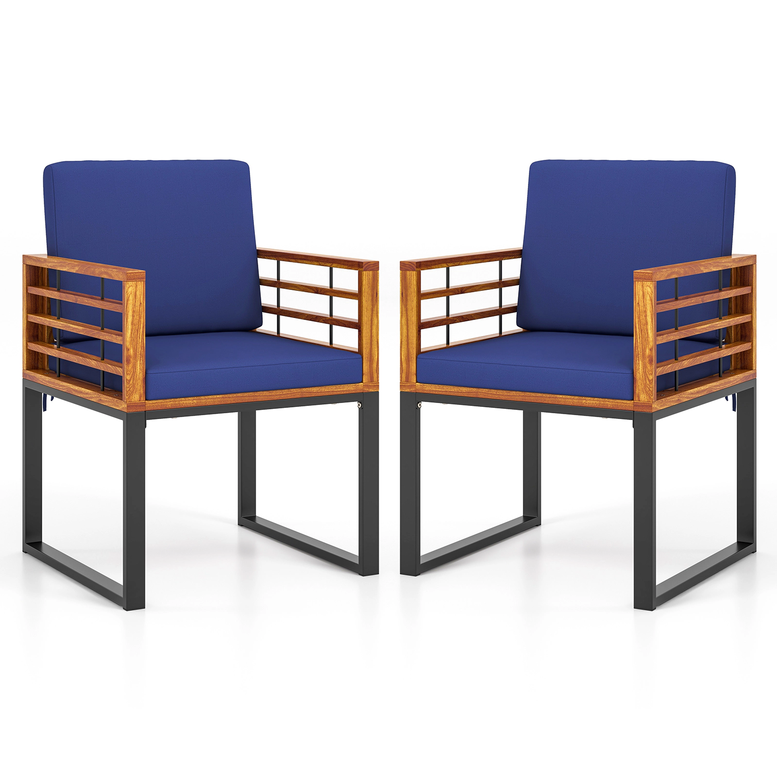 SUGIFT Set of 2 Navy Acacia Wood Outdoor Patio Dining Chairs, Metal Frame, Tie-Down Cushions