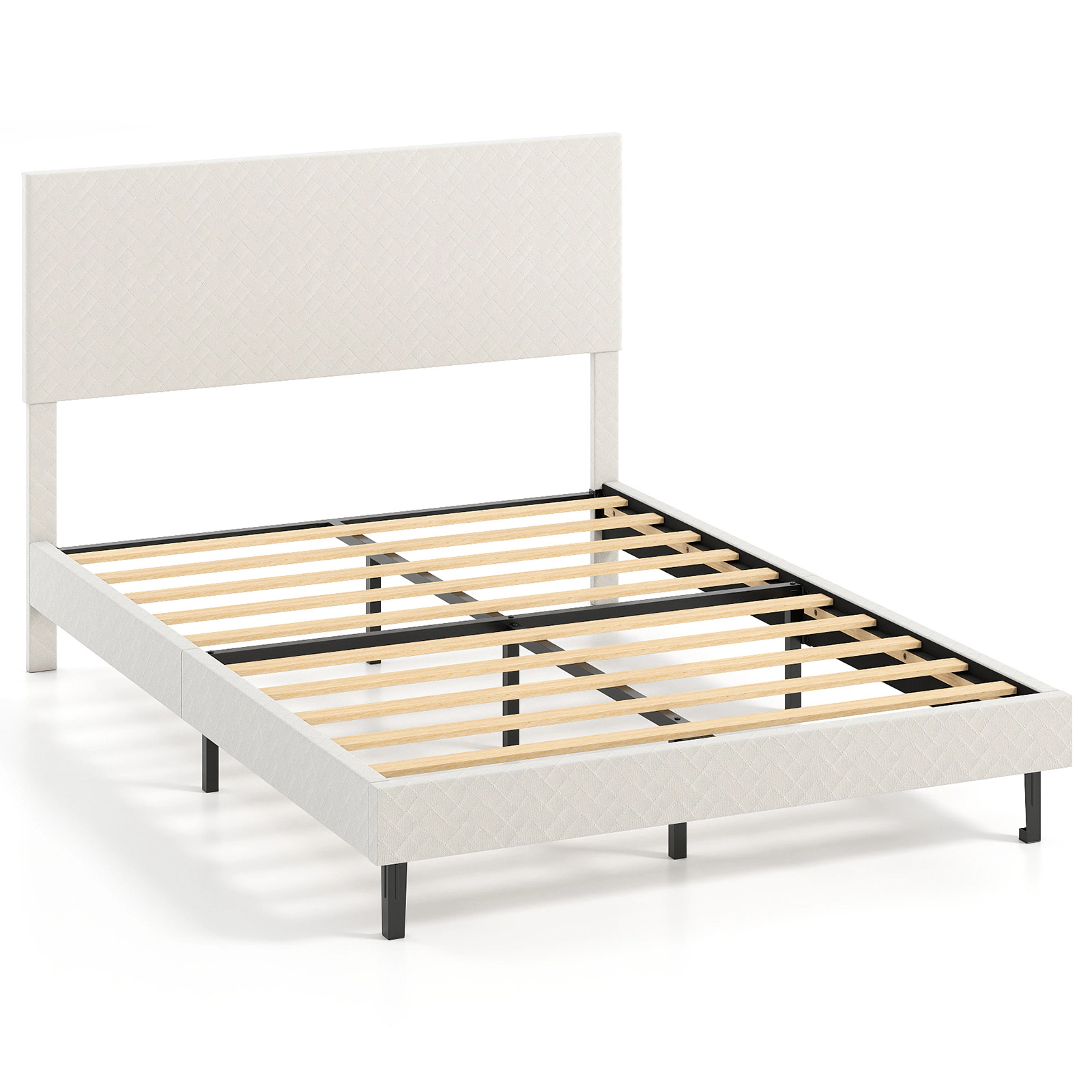 SUGIFT Velvet Upholstered Full Platform Bed Frame with Adjustable Chevron Headboard 800-lb Capacity 77.5-in Frame Beige