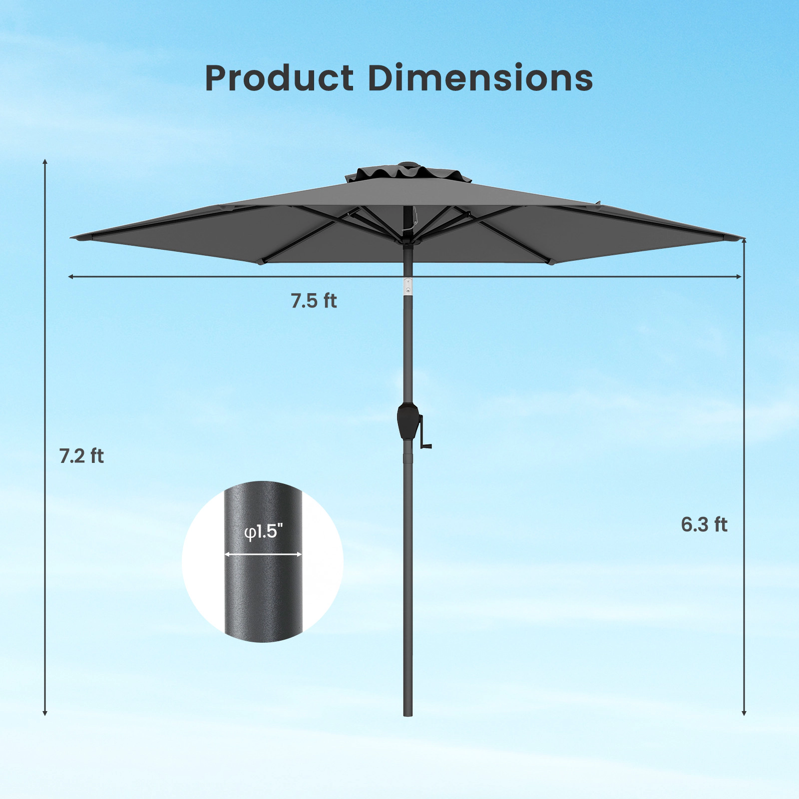 SUGIFT 7.5-ft Gray Small Market Table Patio Umbrella with Push Button Tilt Crank Lift and Vented Canopy